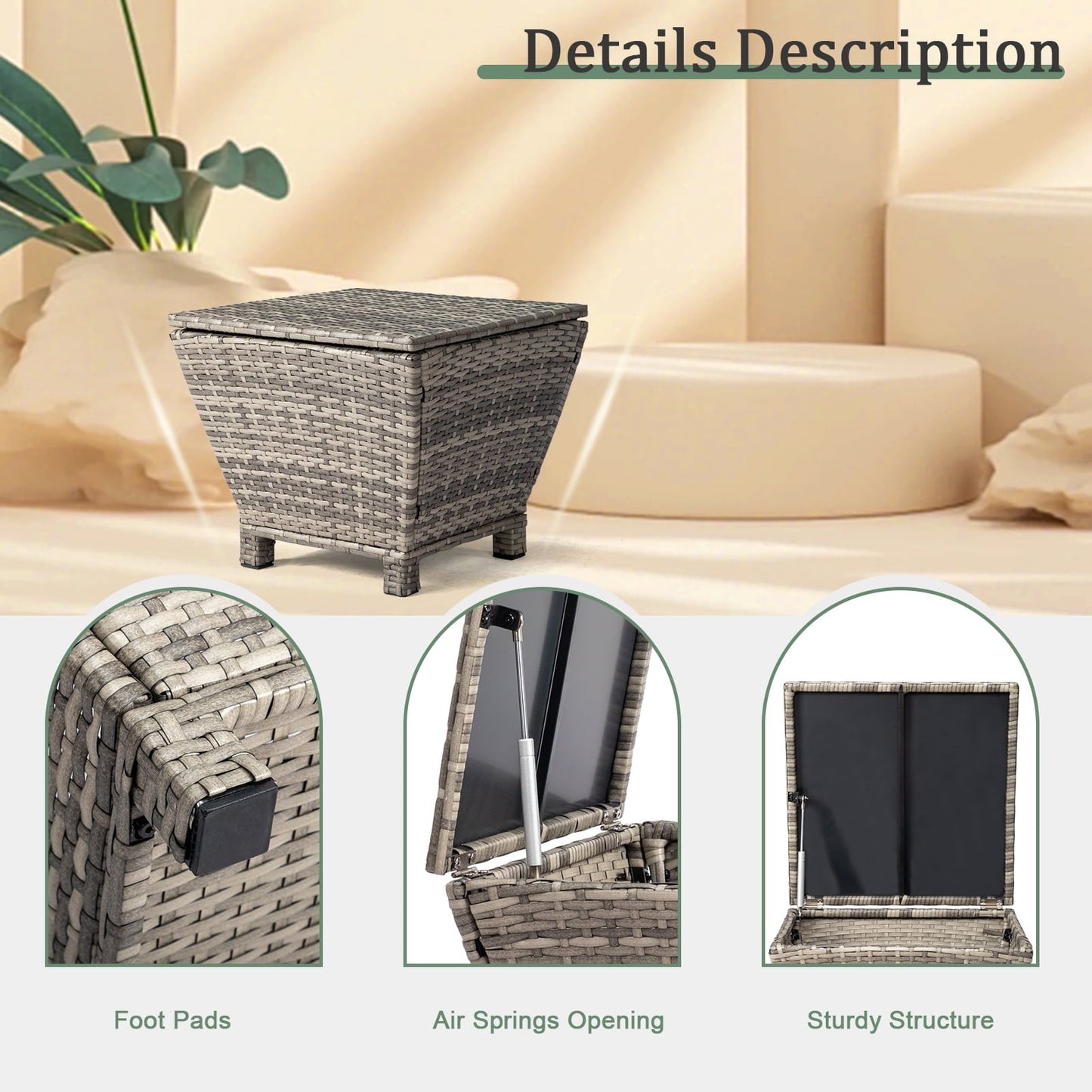 Small Patio Side Table with Storage for Cushions, Hose & Towels, All-Weather Rattan