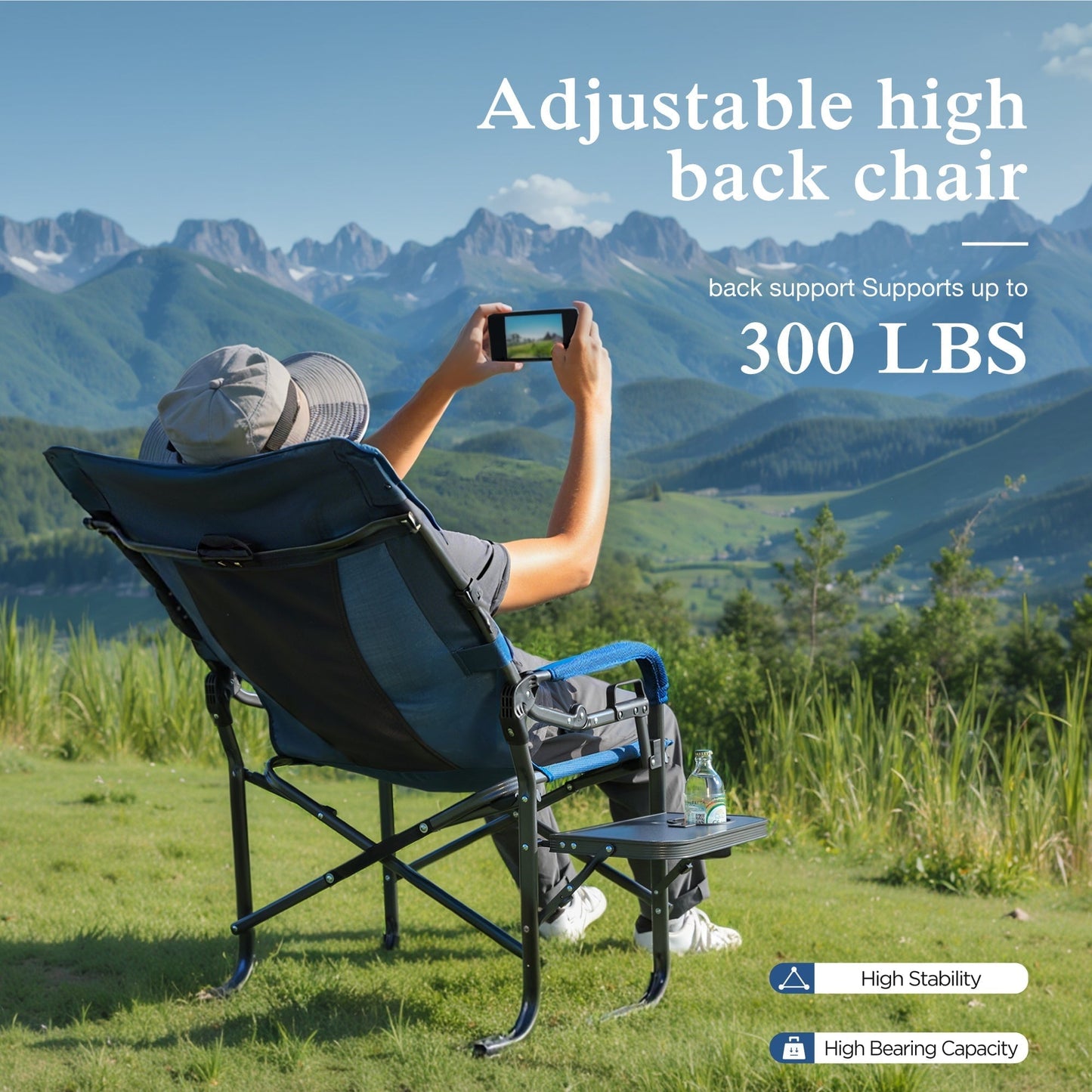 Sophia & William Heavy-Duty Adjustable High Back Director Chair Oversized Camping Chair with Side Table, Blue