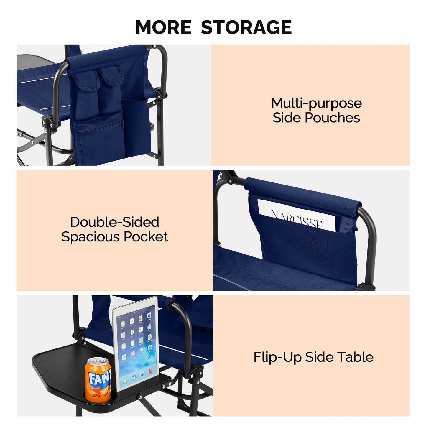 Ktaxon 1Pc Camping Chairs, Heavy Duty Folding Directors Chair with Side Table & Carry Bag, Fishing Seating for Adult, Suitable for Beach Picnic Lawn, Blue