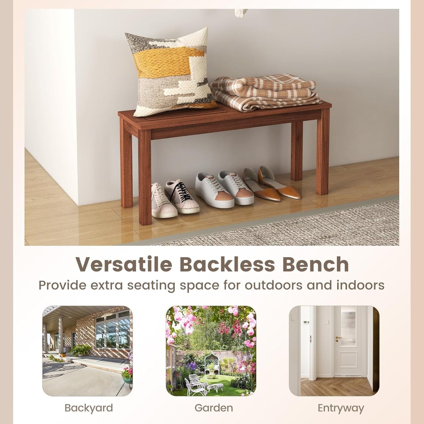 Sycol Outdoor Backless Bench, Patio Dining Bench with Breathable Slatted Seat, 2-Seat Rustic Wood Bench for Entryway, Garden, Backyard, Deck, Natural