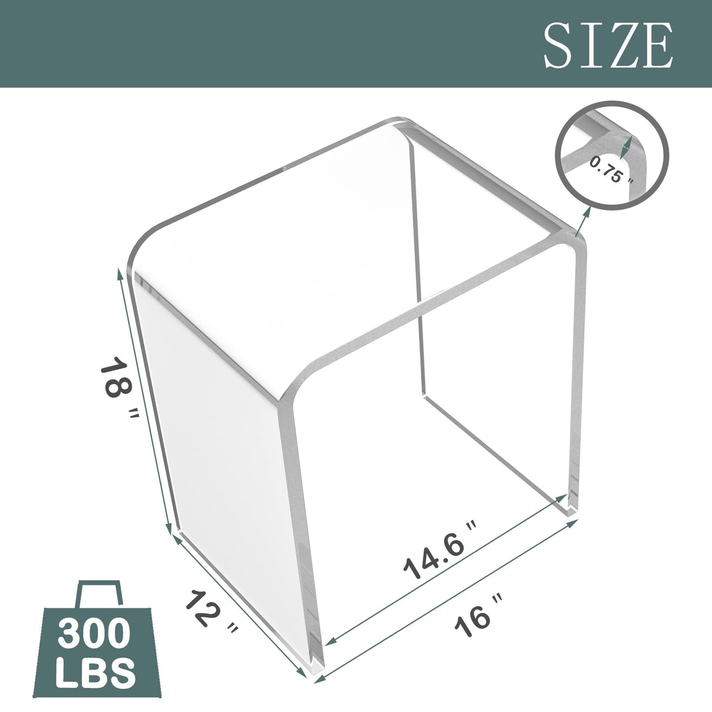Ageszoe Acrylic End Table, Modern Bathroom Chair 3/4" Thick with Round Edges, 16"L x 12"W x 18"H, Transparent