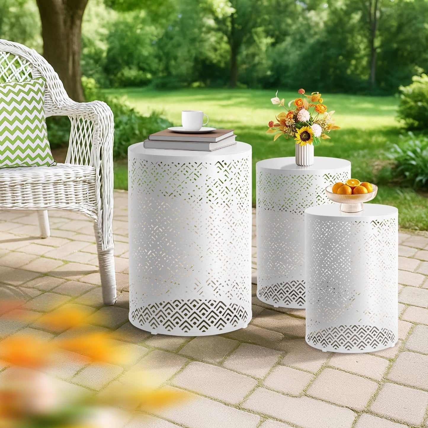 Ktaxon Set of 3 Nesting Stackable Patio Accent Tables, Round Barrel Shape Metal Frame Indoor Outdoor, 12/14/16 in, White