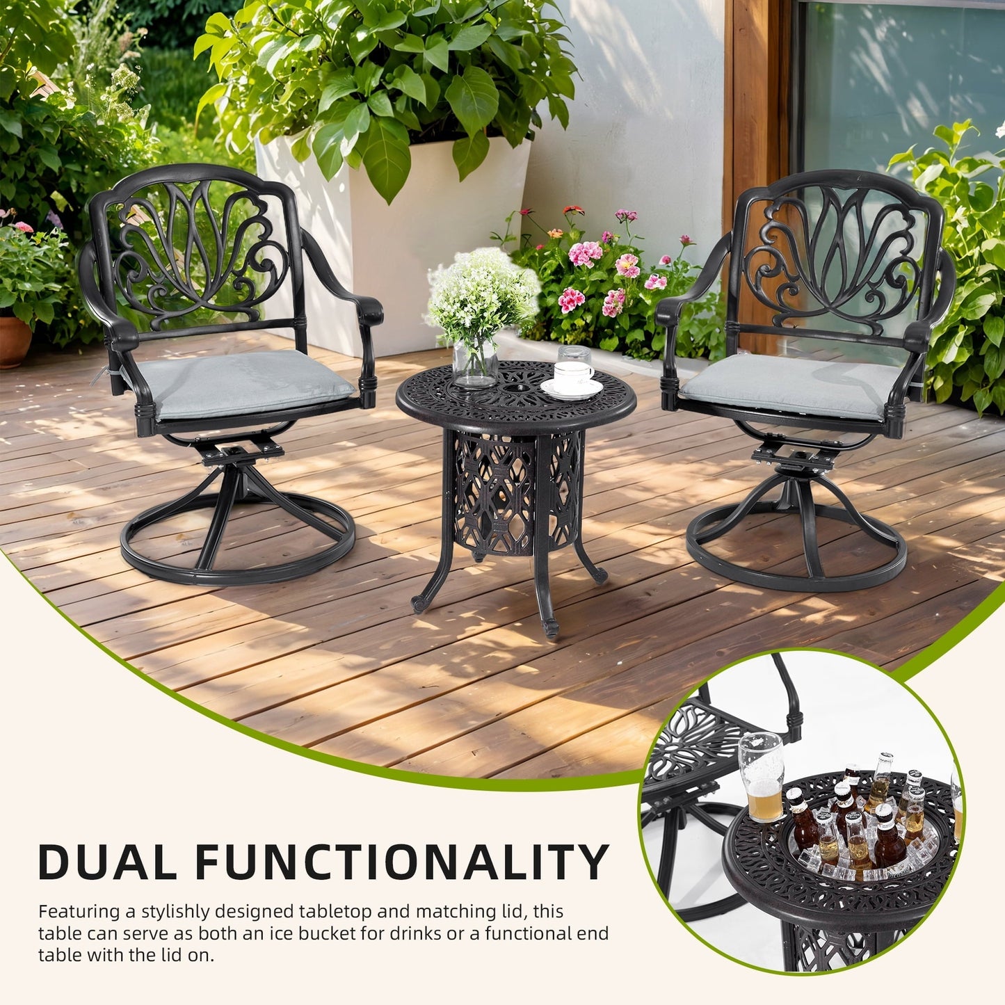 Yoneston 21" Cast Aluminum Round Patio Table with Removable Ice Bucket, Rustproof Outdoor Patio Bar Table for Patio, Balcony, Garden, Poolside, Black