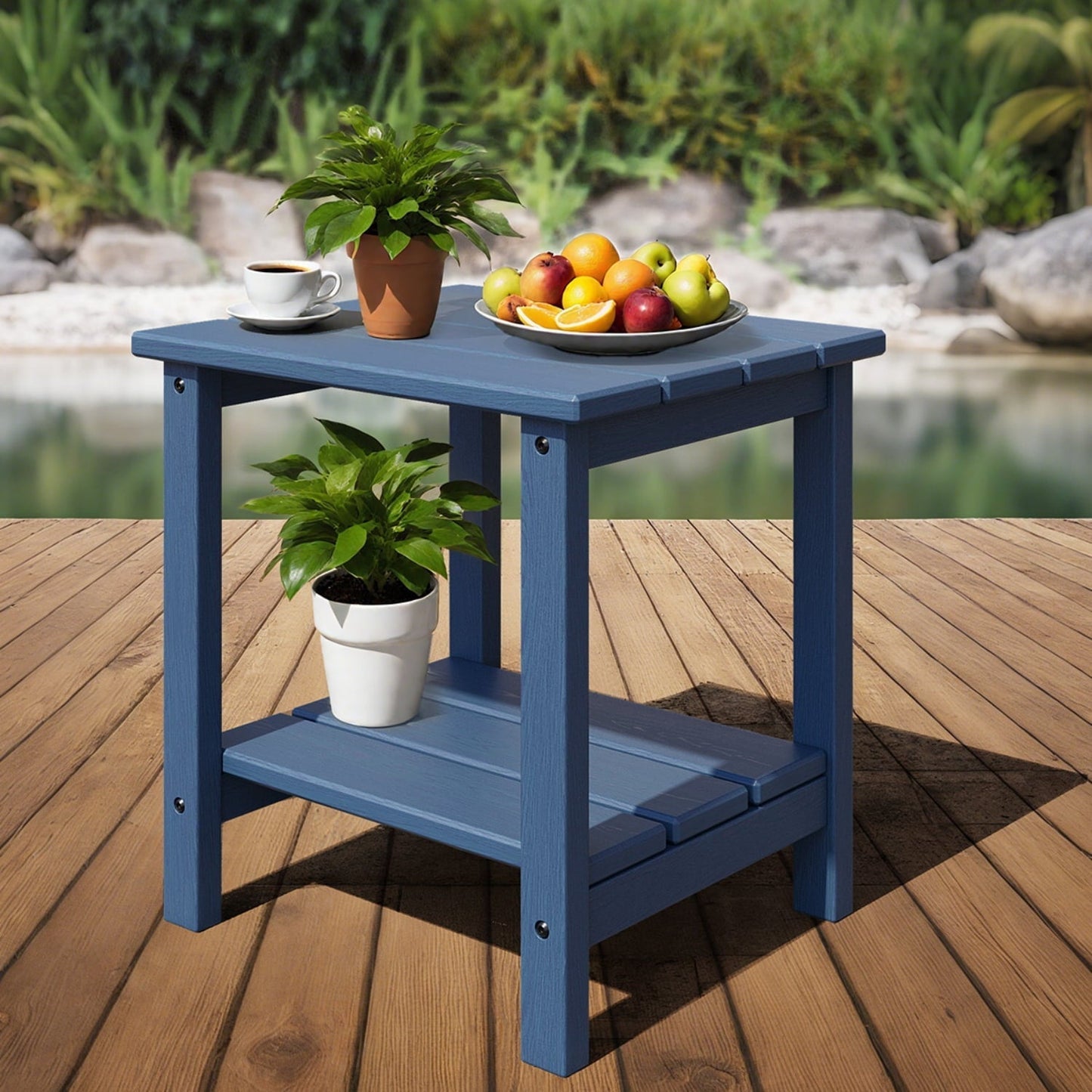 Riedhoff 2-Tiers Outdoor Side Table for Patio, 17.71" x 15.35"x 18.11", Weather Resistant, Blue