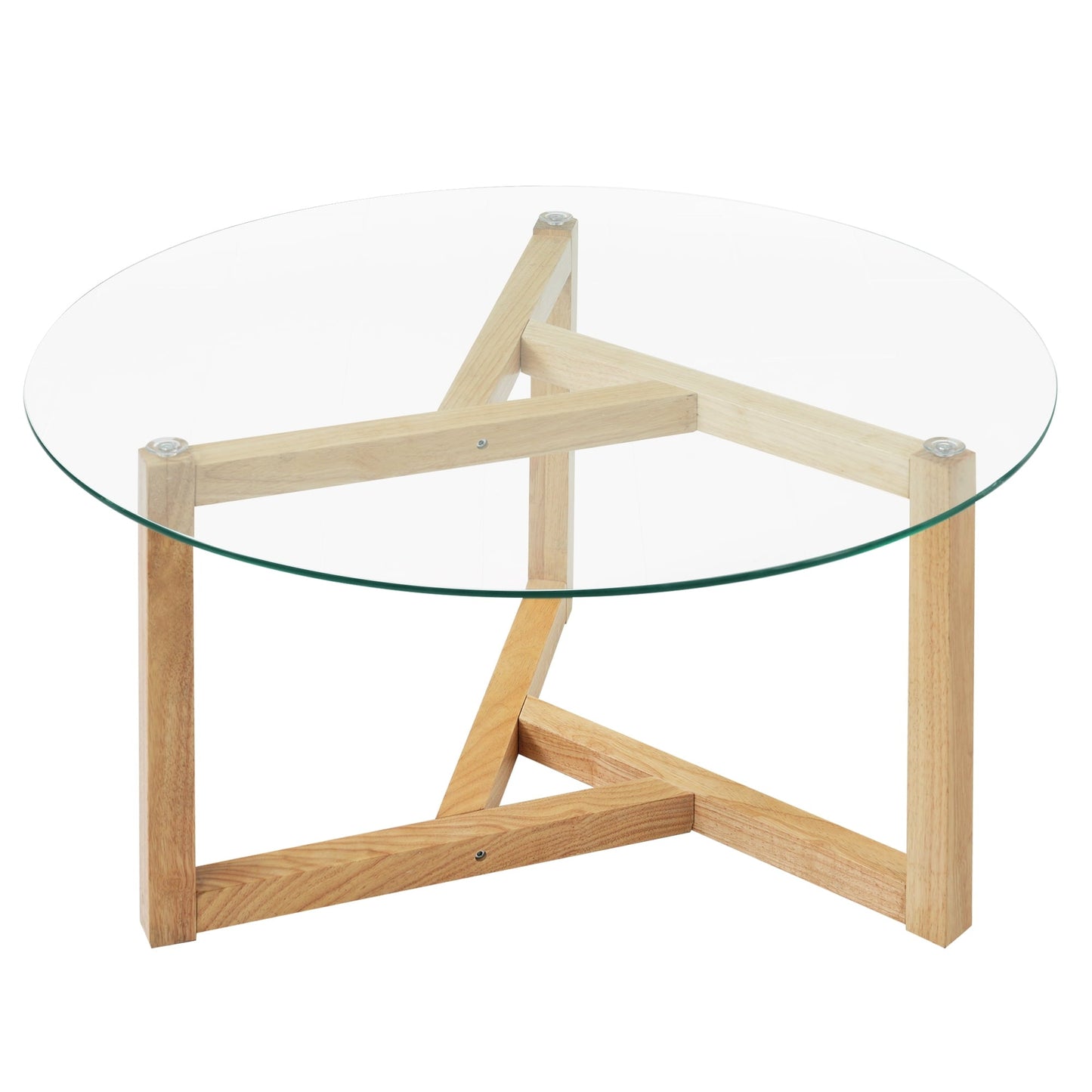[New Picture] ON-TREND Round Glass Coffee Table Modern Cocktail Table Easy Assembly with Tempered Glass Top & Sturdy Wood Base, Natural (OLD SKU: WF190112AAL)