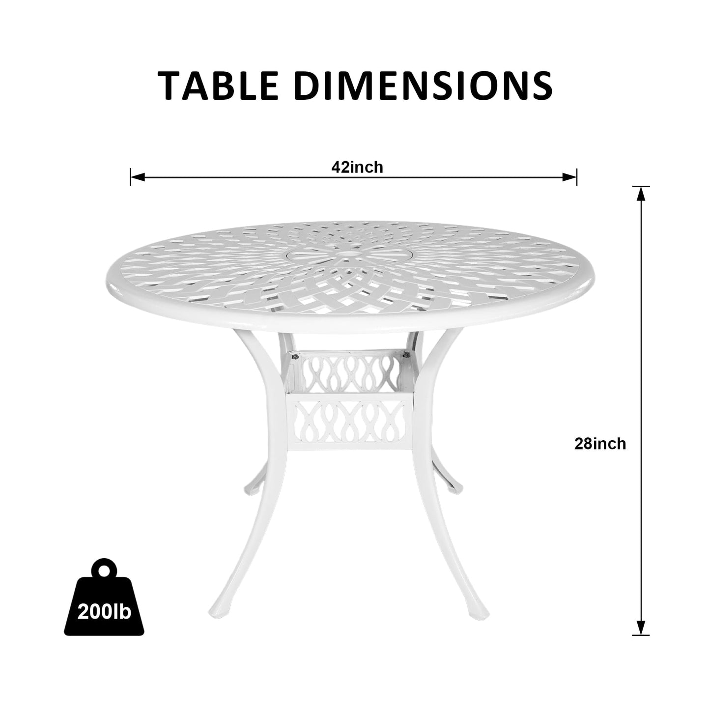 Withniture 42 INCH Patio Table with Umbrella Hole, Outdoor Round Cast Aluminum Bistro Table White