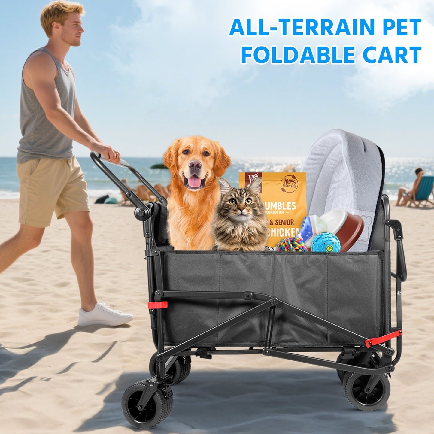 Aoemoe 400-Pound Capacity All-Terrain Beach Chair + Folding Cart 2-in-1,(Black)