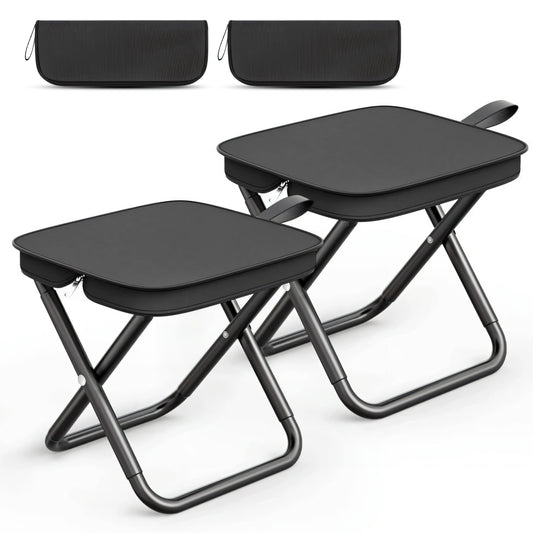 2 Pack Portable Stool with Carry Bag, 10.6 Inch Small Folding Stool for Adults, Ultralight Black Camping Stools for Picnic, Hiking and Fishing, Hold Up to 220 LBS