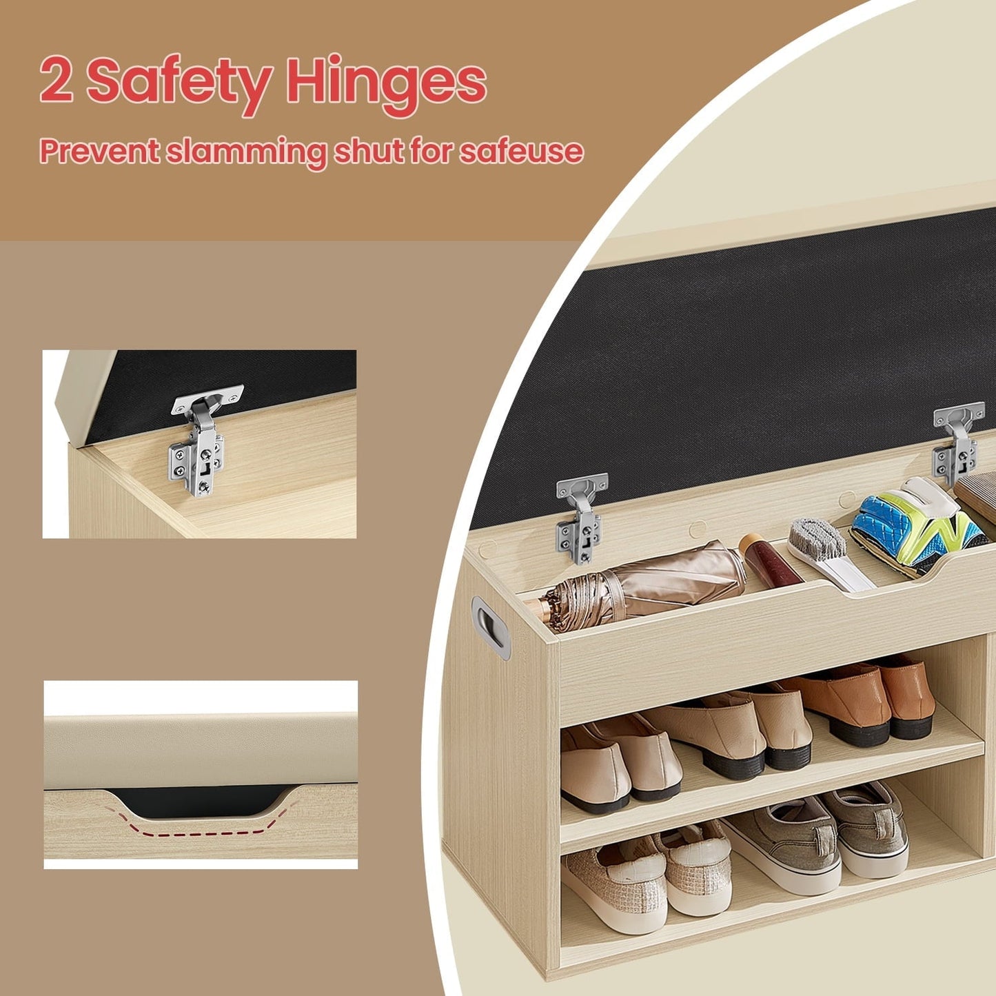 LEDREM Shoe Storage Bench with Cushion, Shoe Organizer with Compartment Open Shelf, Beige