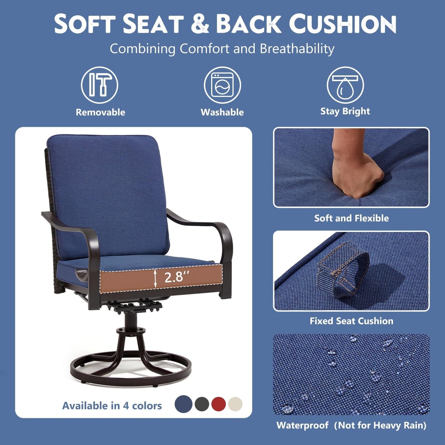 MELLCOM Patio Swivel Chair Set of 2, Outdoor Dining Chairs with Thickened Cushions, Wicker Chairs with Gentle Rocker for Porch, Garden, Backyard, Poolside, Deck, Blue