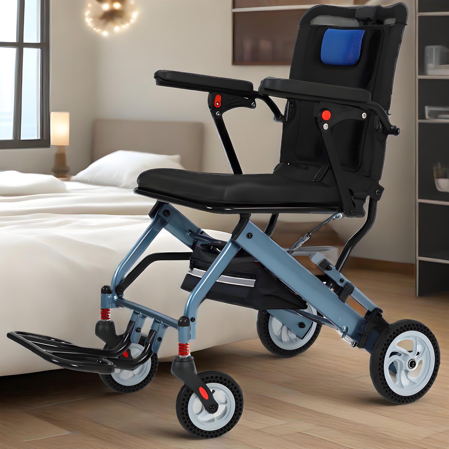 20lbs Ultra-Lightweight Foldable Wheelchair for Adults & Seniors, 220lbs Capacity, 8" Honeycomb Tires & Detachable Cushion for Travel, Hospital, Home (Blue)