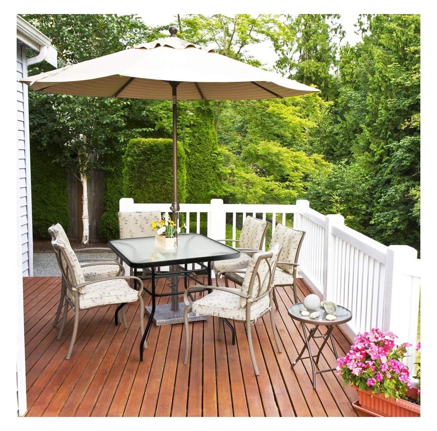 32'' Patio Table with Umbrella Hole, Outdoor Bistro Table w/Tempered Glass Top & Sturdy Metal Frame, Square Patio Dining Table Coffee Table for Garden, Balcony, Poolside