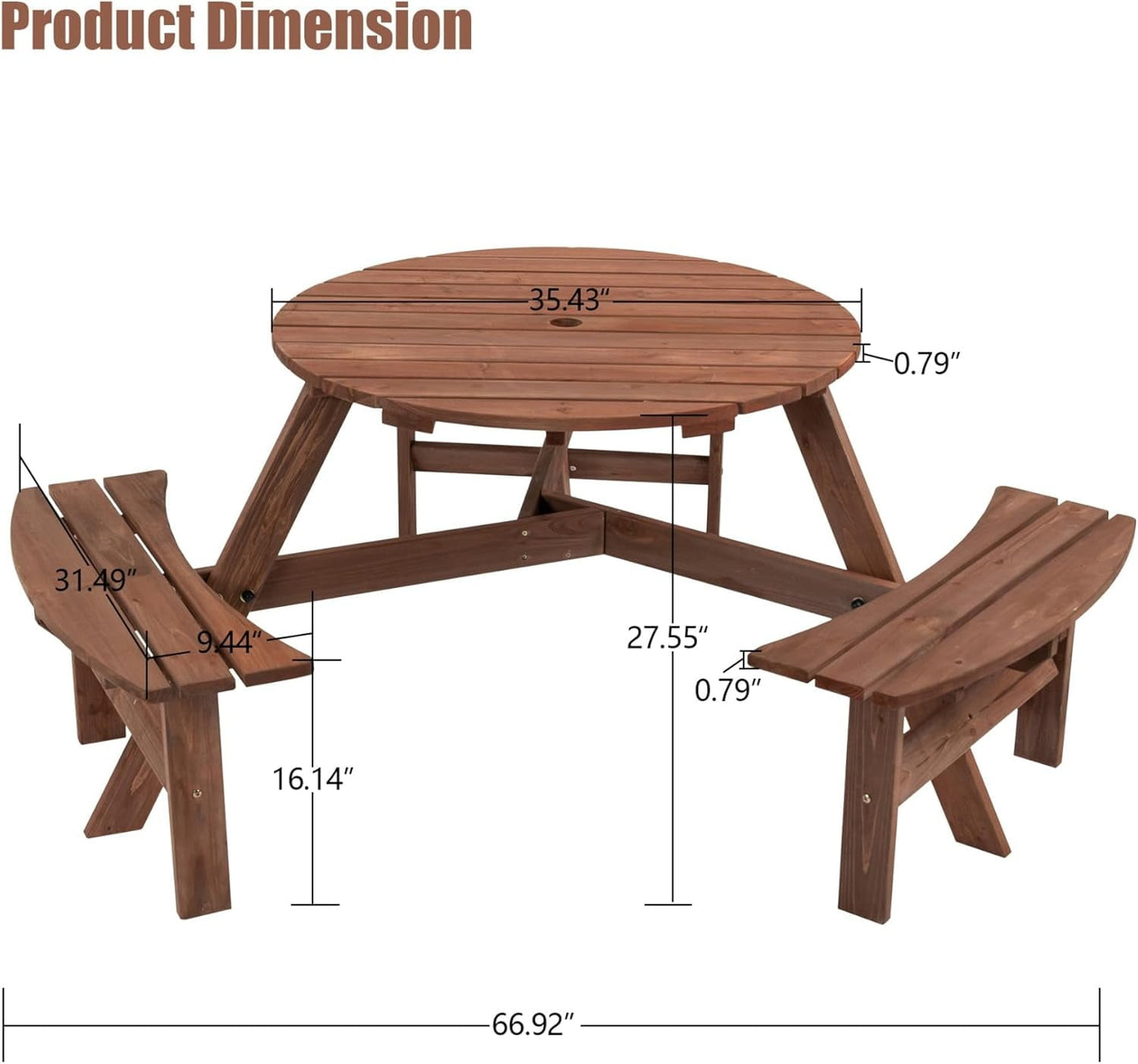 Picnic Table,6 Person Wooden Picnic Table with 3 Built-in Benches, Circular Outdoor Wooden Table with Seat for Patio, Backyard, Garden,2220lb Capacity - Natural