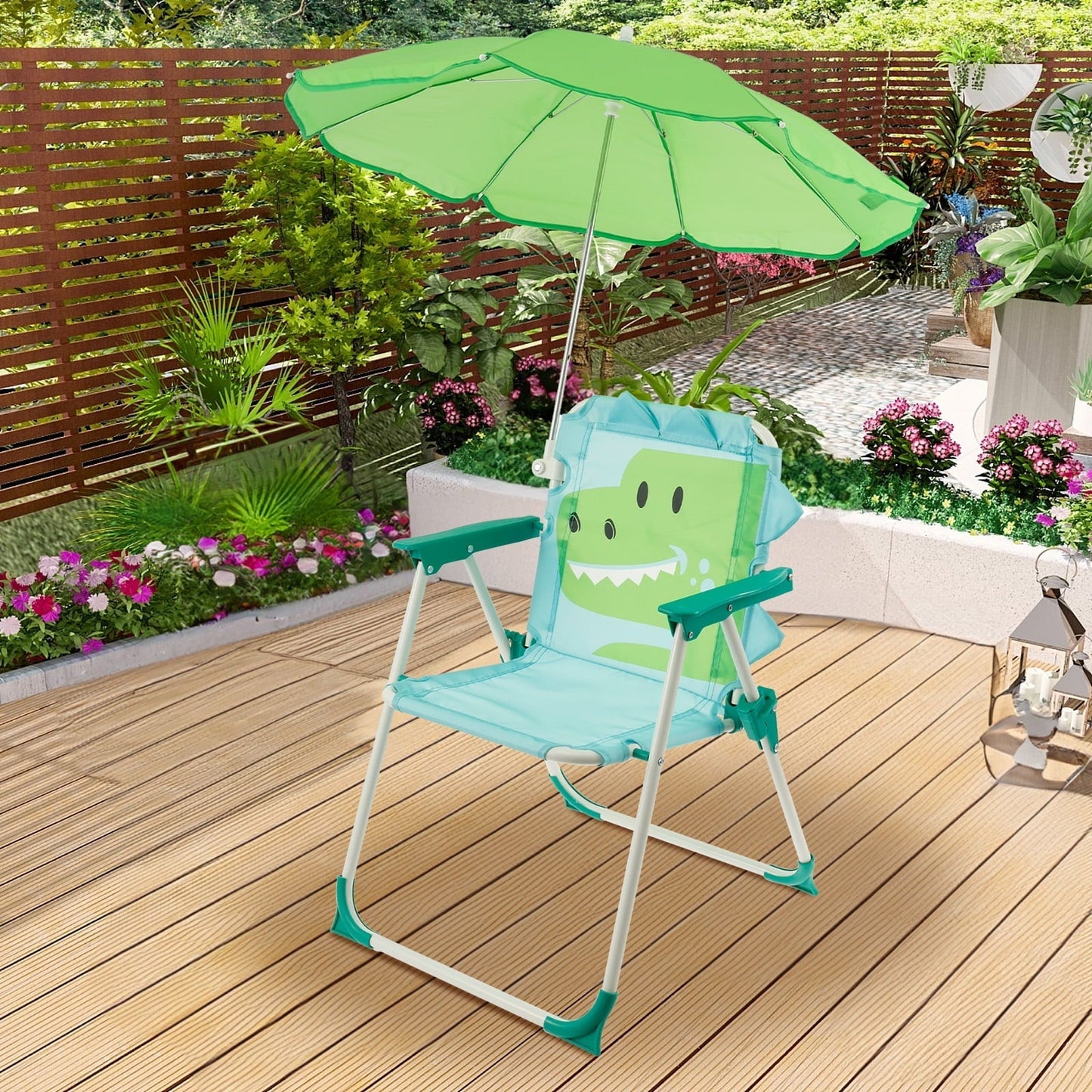 Grusce Kids Beach Chair with Sun Umbrella, Cute Animal Portable Folding Camping Chair, 40kg Capacity for Beach Outdoor Camping Picnic