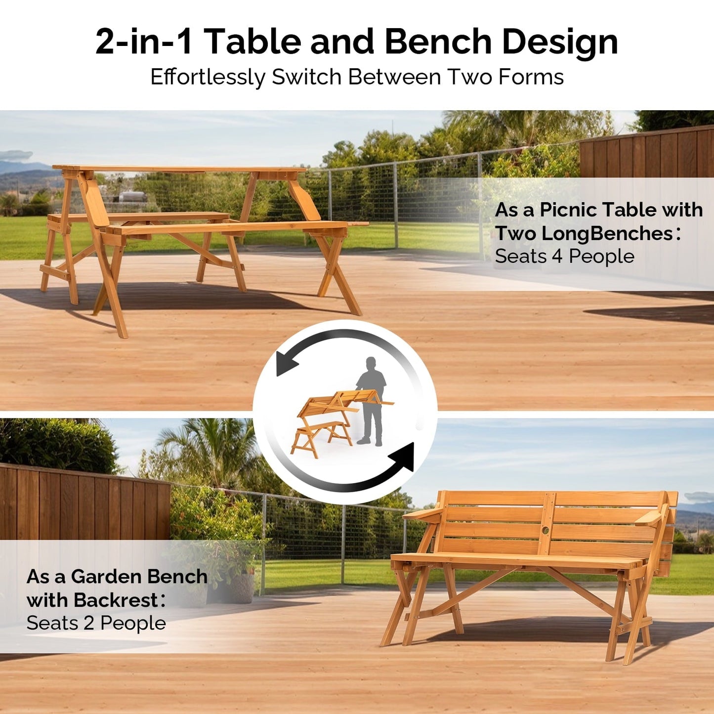 Ktaxon 2-in-1 Outdoor Interchangeable Wooden Picnic Table Set, Transforming Bench w/Umbrella Hole, Convertible Patio Bench for Backyard Porch Deck, Teak