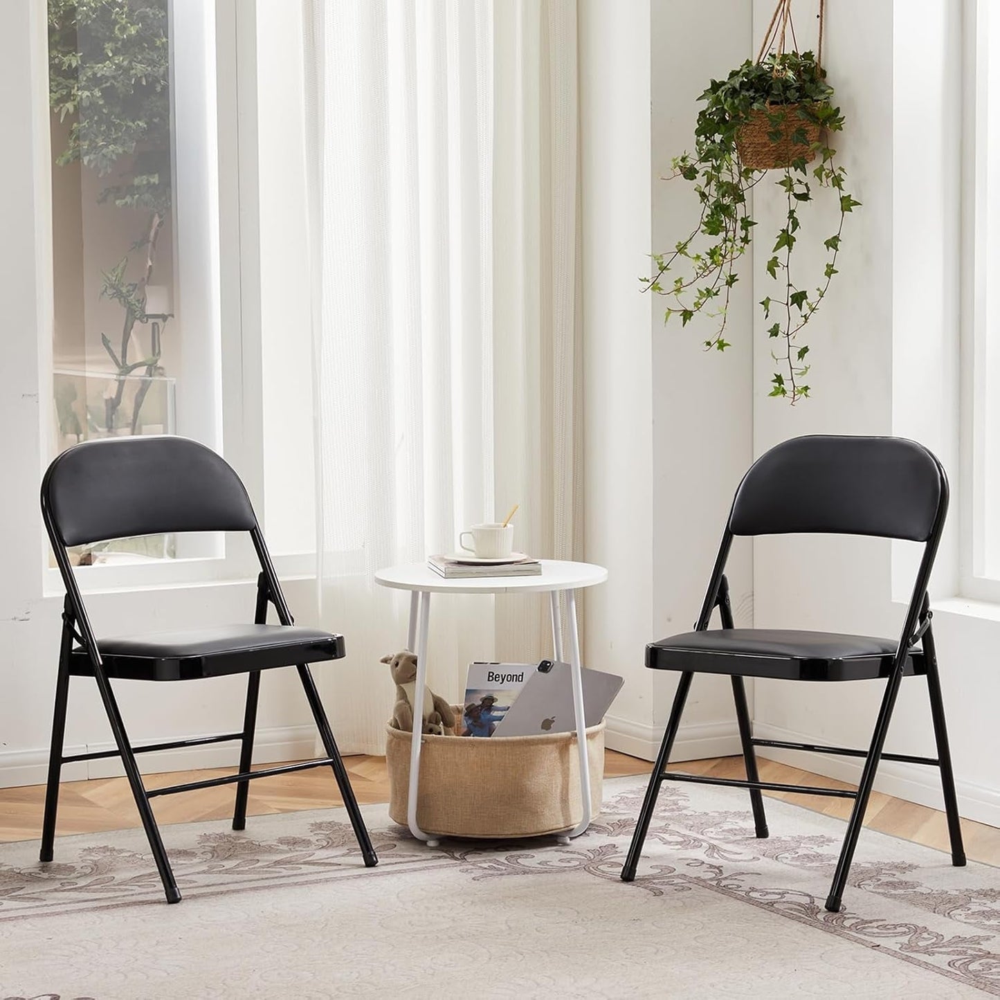 2-Pack Folding Chairs with Padded PU Leather Seat and Metal Frame, Indoor/Outdoor Use, Black