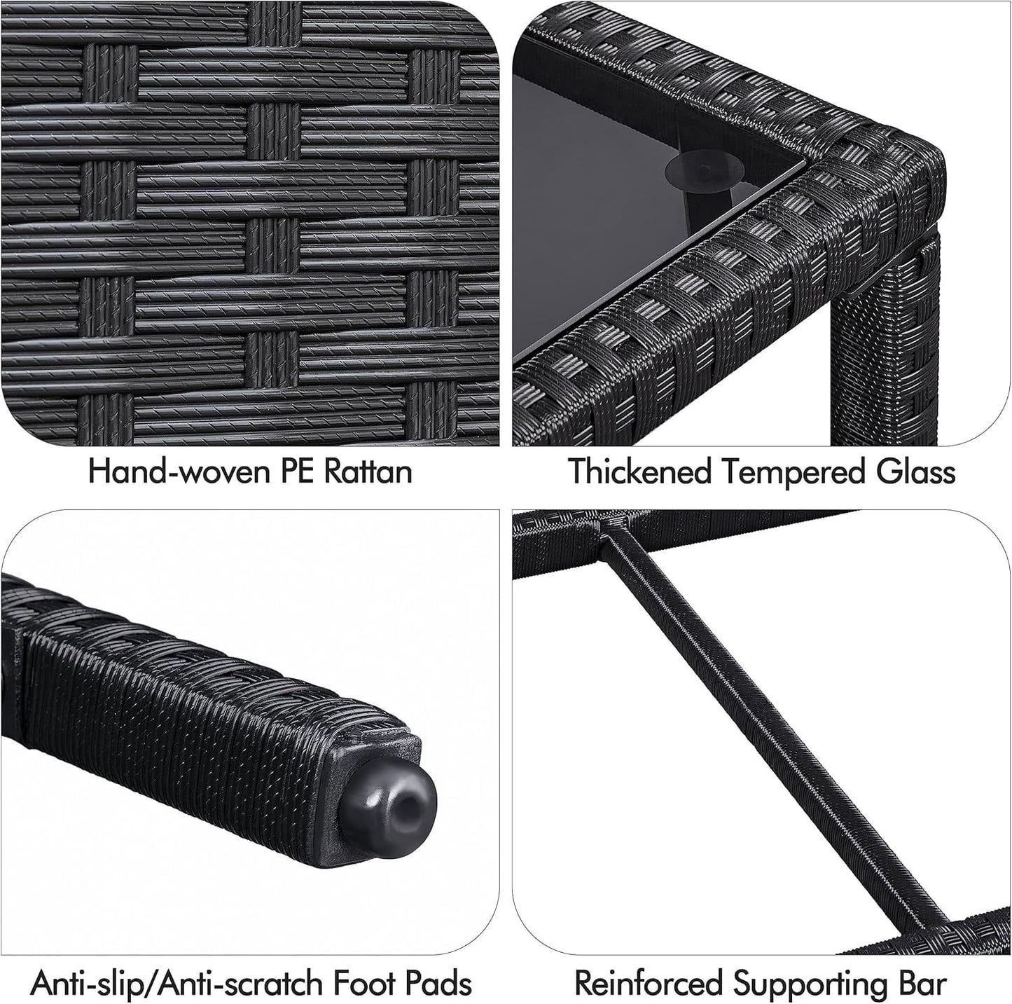 YUONAO Outdoor Wicker Coffee Side Table, All-Weather Rattan Patio Storage Furniture with Tempered Glass Top for Garden, Black