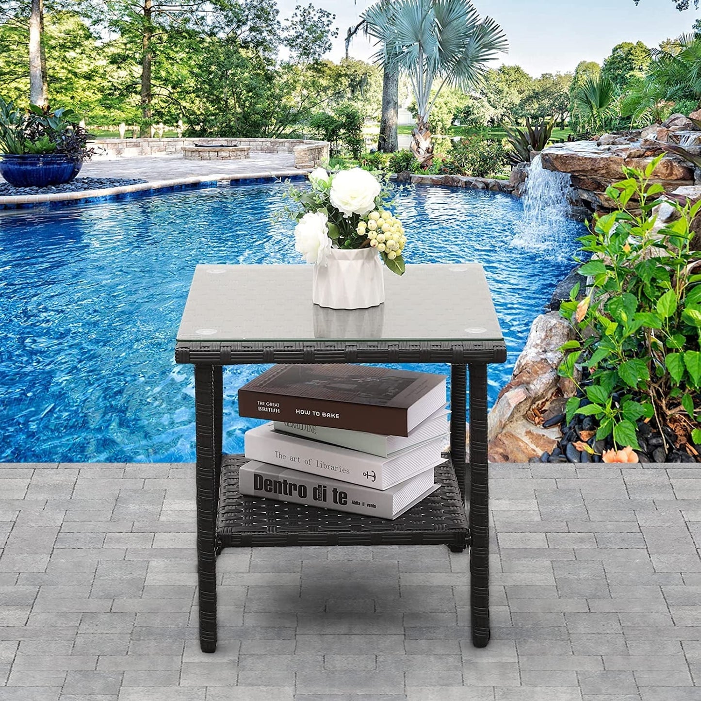Outdoor PE Wicker Side Table - Patio Rattan Garden Coffee End Square Table with Glass Top Furniture, Black