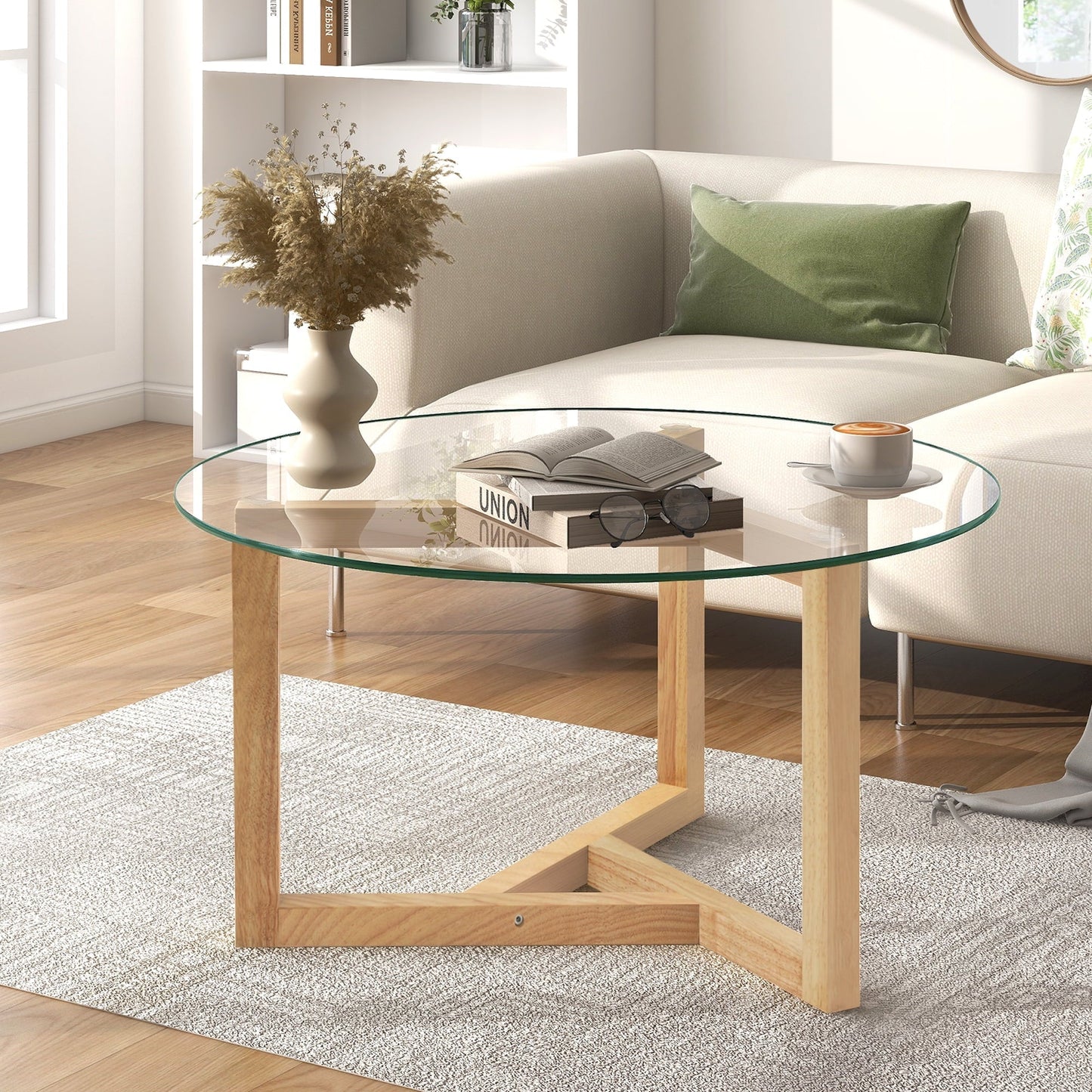 [New Picture] ON-TREND Round Glass Coffee Table Modern Cocktail Table Easy Assembly with Tempered Glass Top & Sturdy Wood Base, Natural (OLD SKU: WF190112AAL)