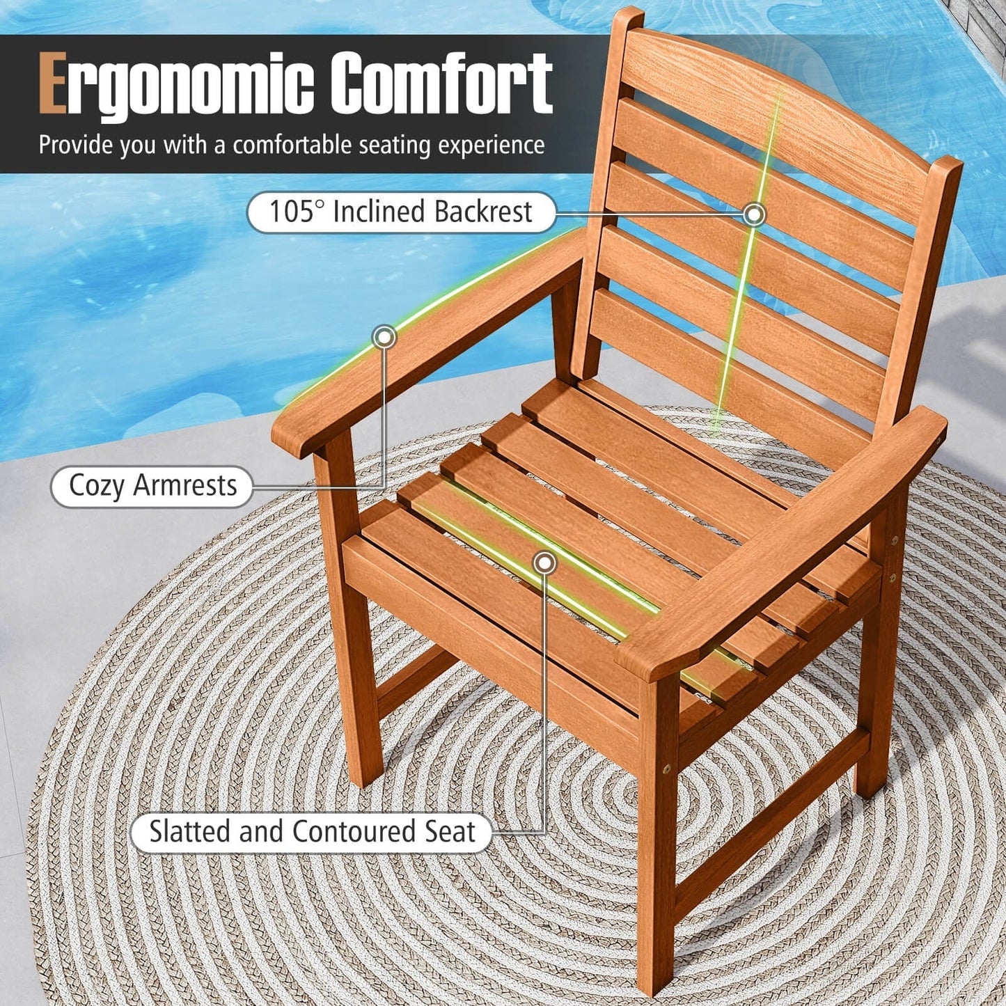 Costway Patio Chairs Set of 2 with Inclined Backrests and Slatted Seats for Deck