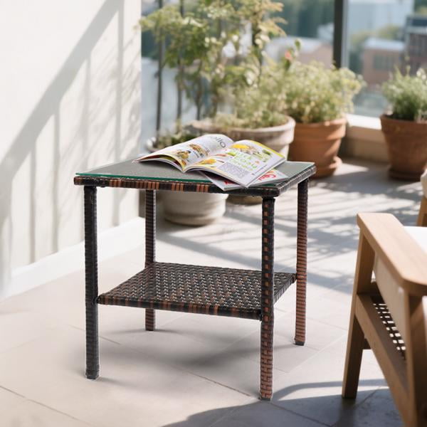 Square double layer glass table top brown gradient rattan side table