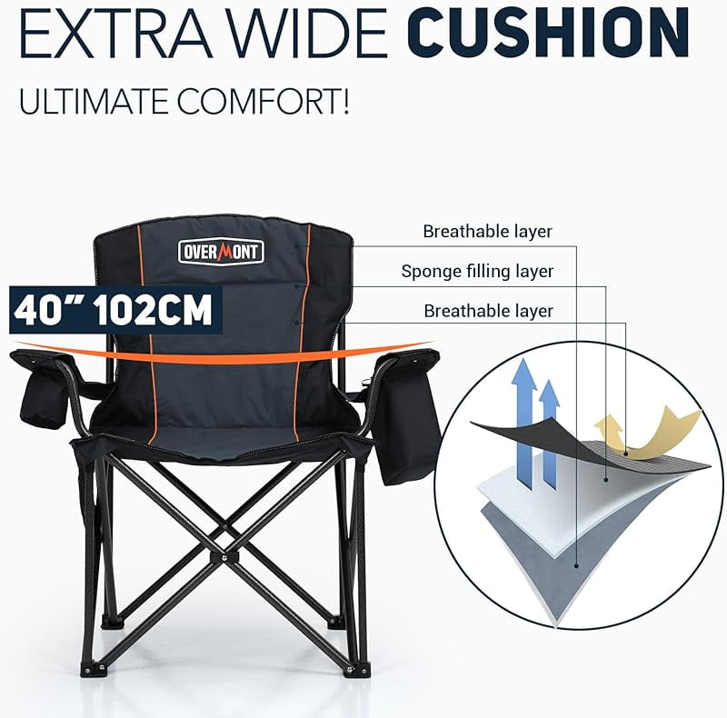 Oversized Folding Camping Chair - 450lbs Support with Padded Cushion Cooler Pockets - Heavy Duty Collapsible Chairs for Sports Garden Beach Fishing
