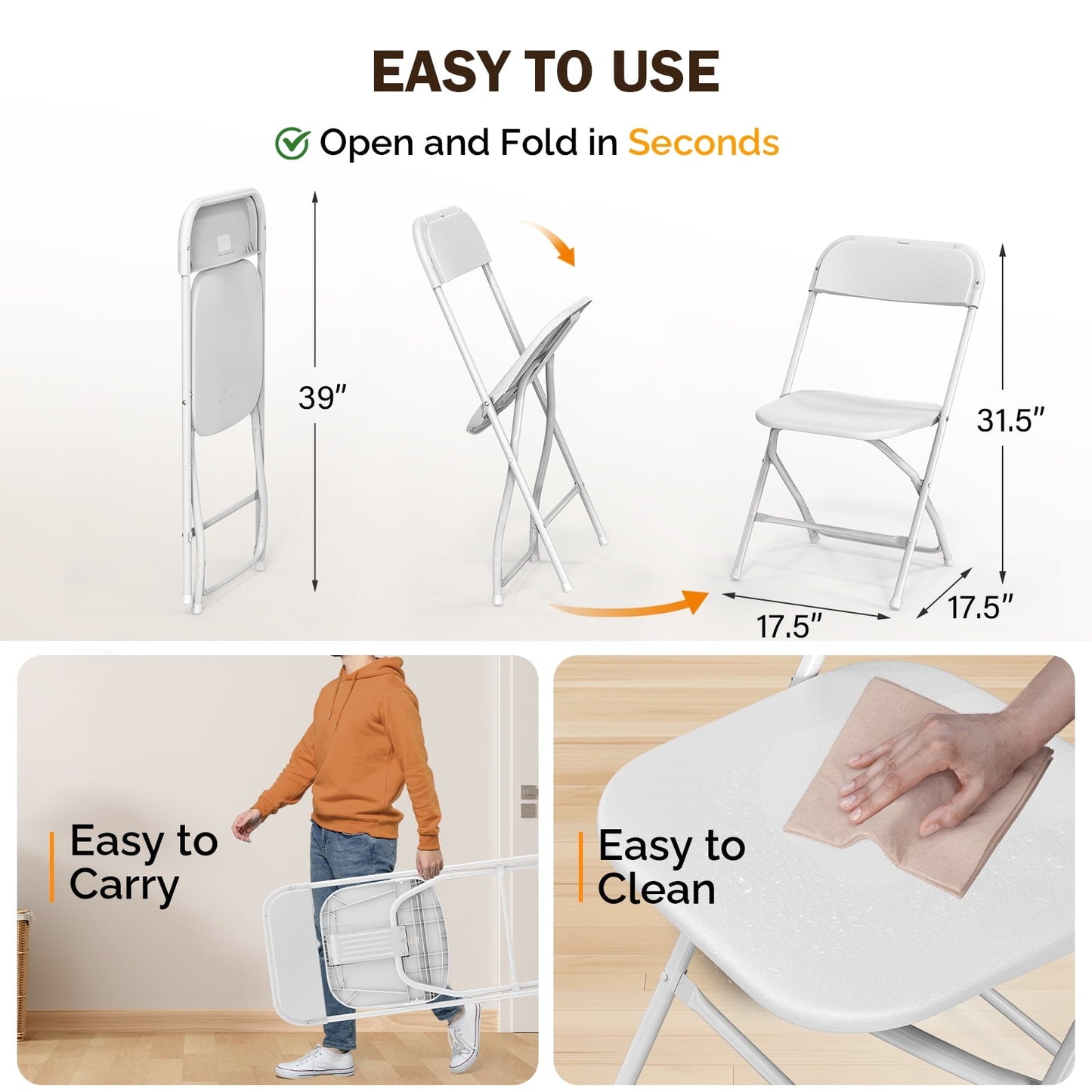 Matladin 10-Pack Folding Chairs, Heavy-Duty, Stackable Seating for Any Occasion, 350lb Capacity, White