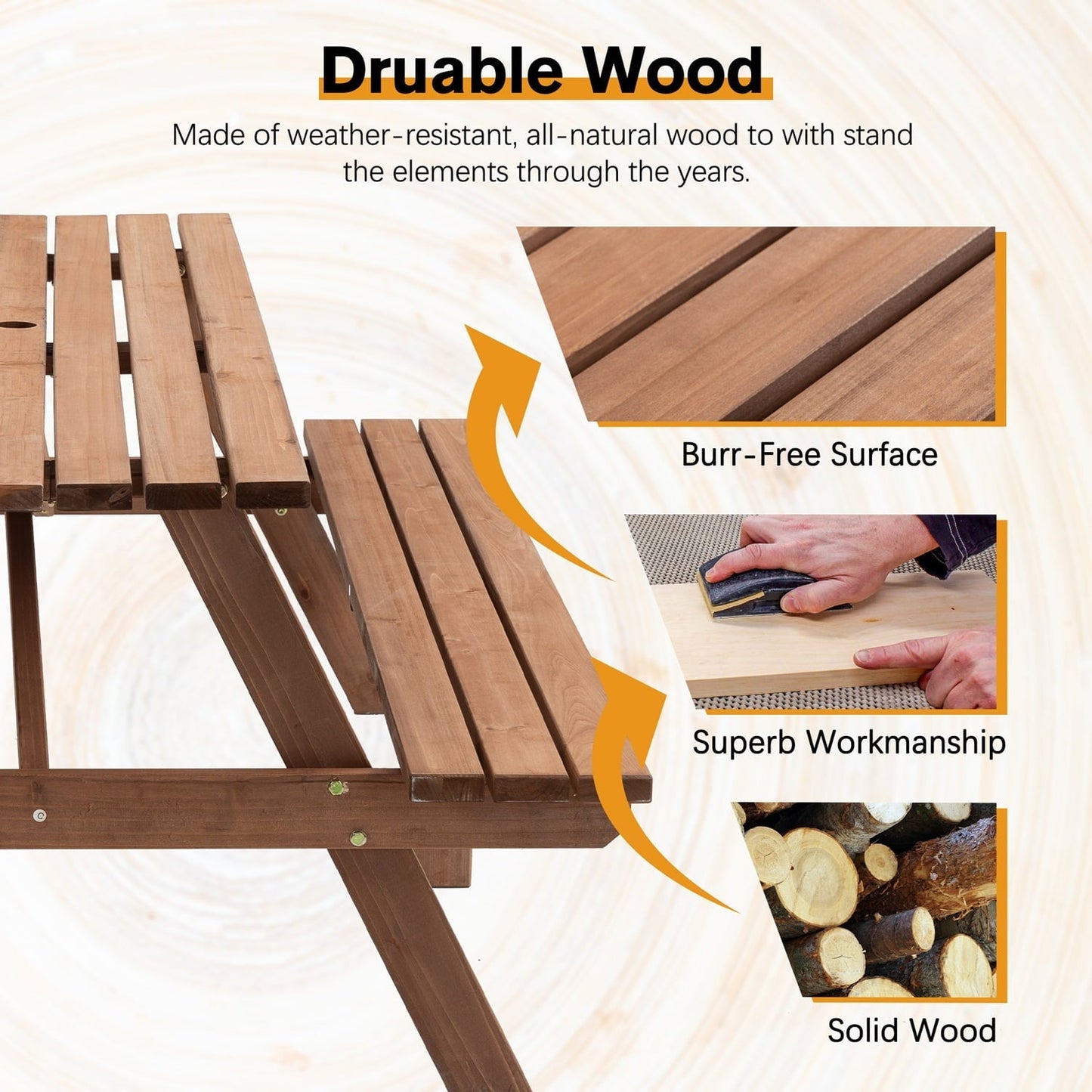 75-Inch Wooden Picnic Table, 8-Person Outdoor Dining Table with 2 Built-In Benches, 2,220 lbs Capacity, Durable Brown Wood for Garden, Patio, Camping, and DIY Projects(Brown)