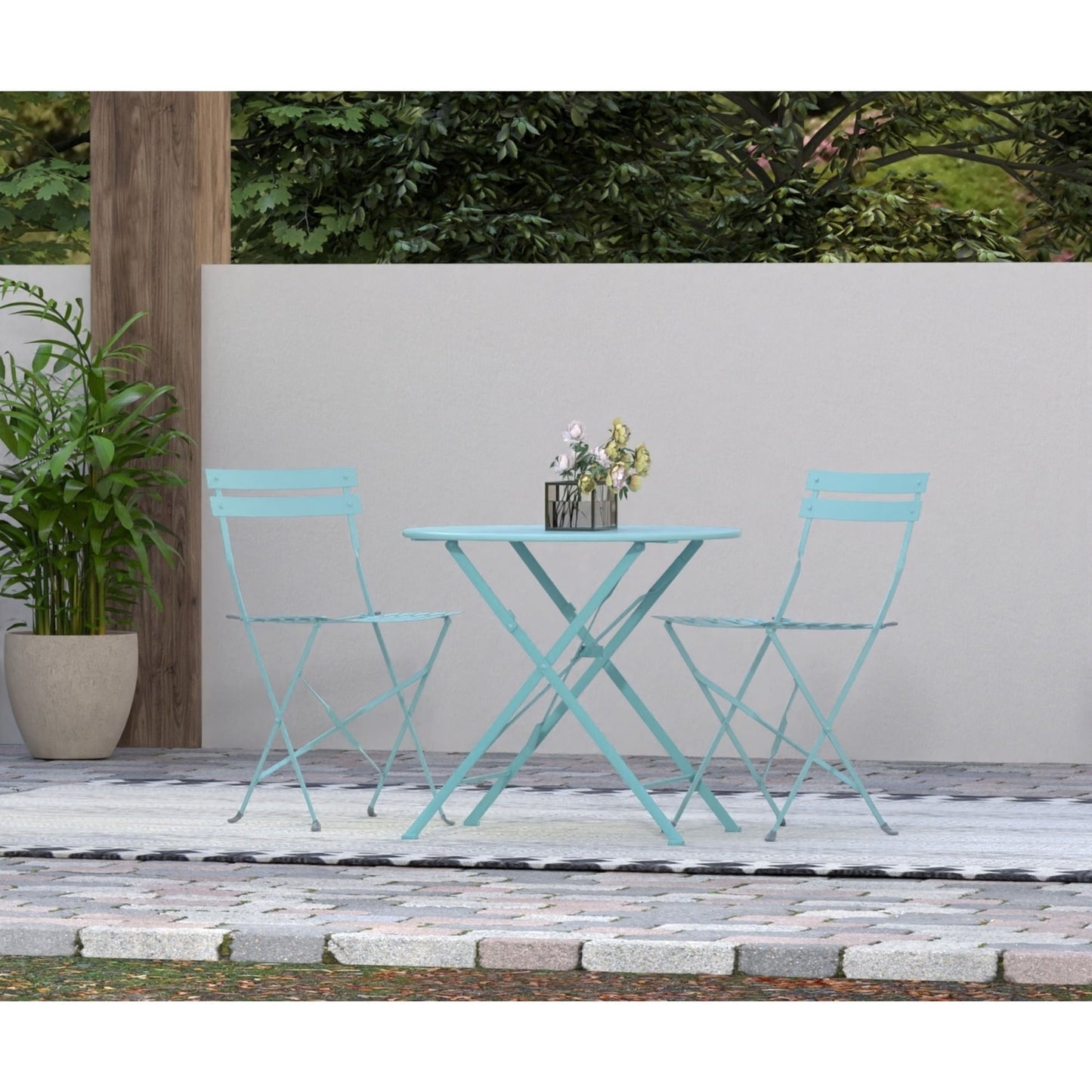 Contemporary Home Living Round Foldable Outdoor Patio Table with Umbrella Hole - 30" - Teal Blue