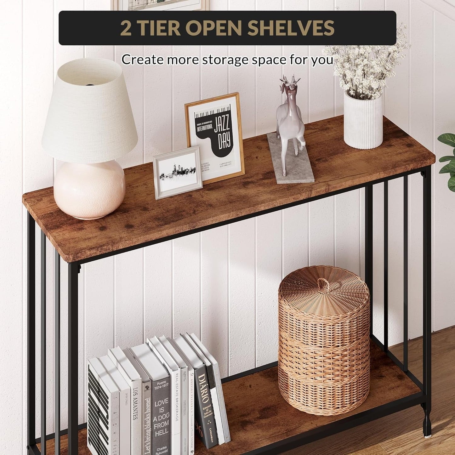 41.3" Entryway Table, Narrow Sofa Table with 2-Tier Storage Shelves & Black Metal Frame, Display Stand and Organizer for Living Room Entryway Office Hallway Bedroom, Retro Color