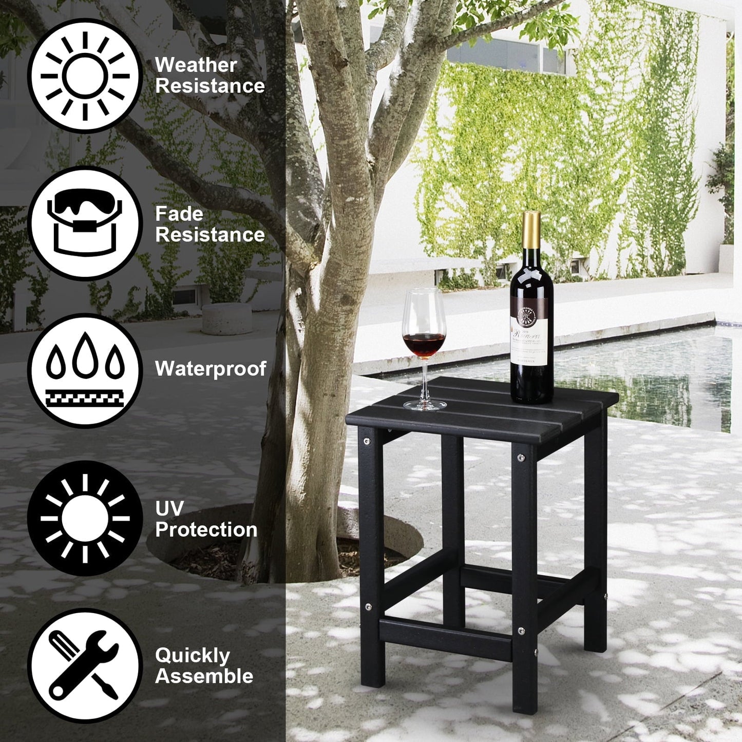 Xilee Single Layer Square HDPE Side Table ,16 x 16 inches Adirondack Table Poolside Patio Table, 14*14 inch HDPE End Table for Outside Backyard Pool Indoor Companion Black