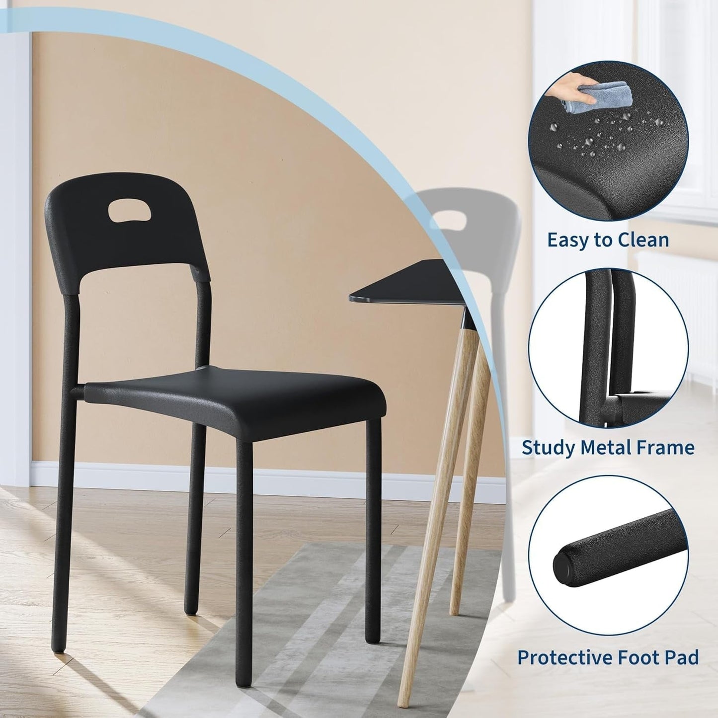 Dining Chairs, Stackable Modern Kitchen Chairs, Plastic Dining Room Chair with Metal Legs, Easy Assembly, Waterproof & Stain-Resistant, Suitable for Indoor and Outdoor, Black