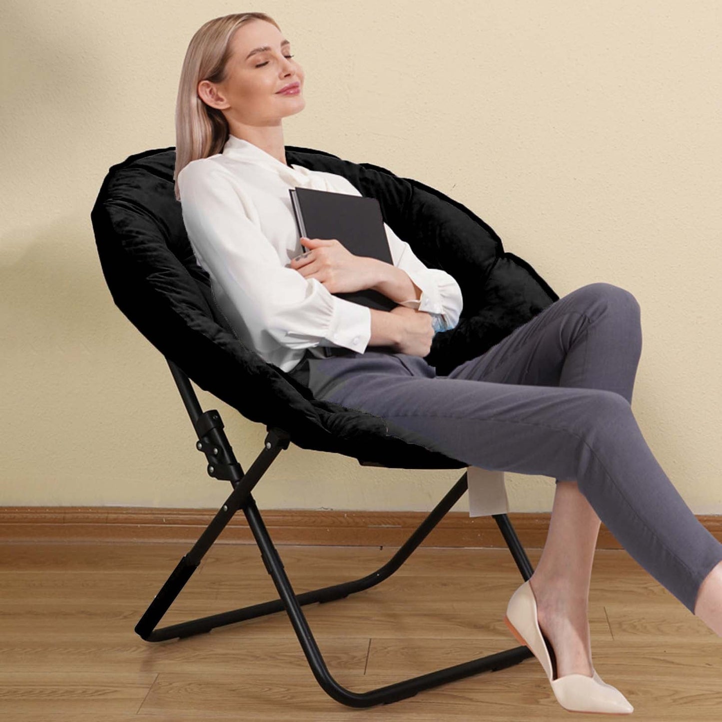 Xssm Folding Chair for Adults Portable Outdoor Lawn Chairs Saucer Chair with Metal Frame Soft Cushion Quiet Seat Enhanced Stability Bedroom Living Rorm Apartments Lounging Courtyard Moon Chair