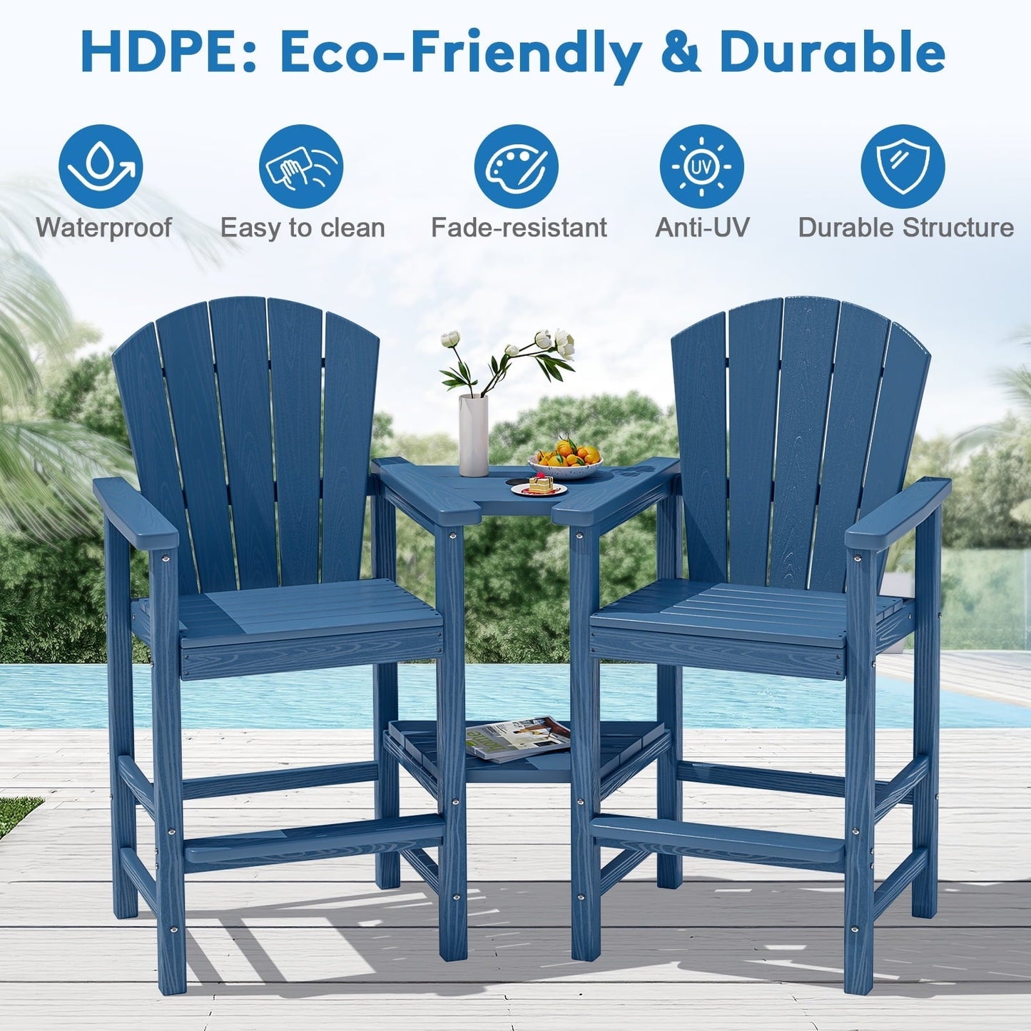 JUSTLET Tall Adirondack Chair Set of 2 with Double Connecting Tray, HDPE Outdoor Weather Resistant Patio Bar Stools, Navy Blue