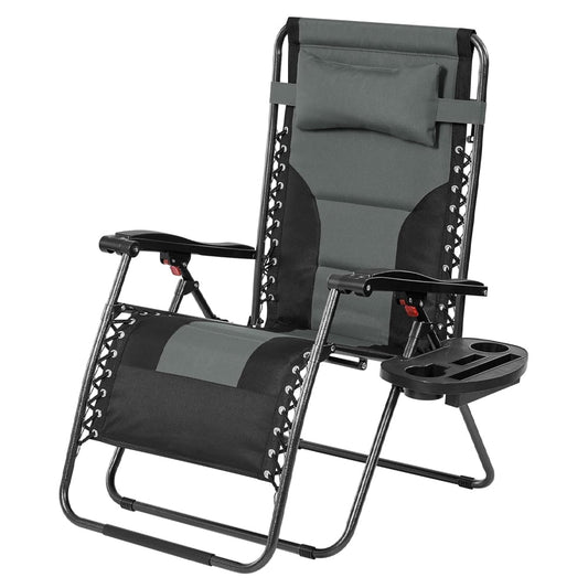 29in Full Padded Zero Gravity Chair Oversized Outdoor Patio Folding Lounger, Adjustable Portable Zero Gravity Recliner with Side Cup Tray, Pillow with Carry Strap for Beach, Pool, Gray/Black