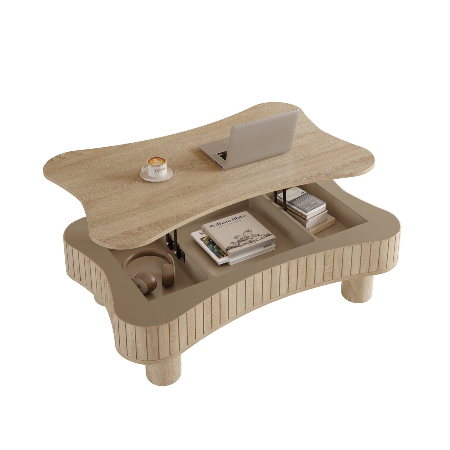 Lift Top Coffee Table for Living Room 42" - Fluted Panel Hidden Storage, Silent Hydraulic Lift, Curved Safety Corners, 5 Min Assembly (27"W X 13-18.9"H,Antique Natural)