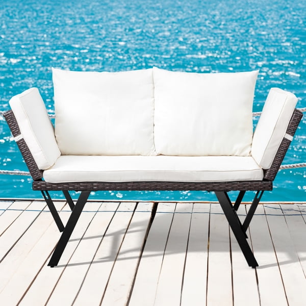 Outdoor Sofa, Woven Rattan Patio Furniture, Convertible Daybed or Double Chair with Adjustable Armrests, Cushions and Pillows for Yard Porch Pool
