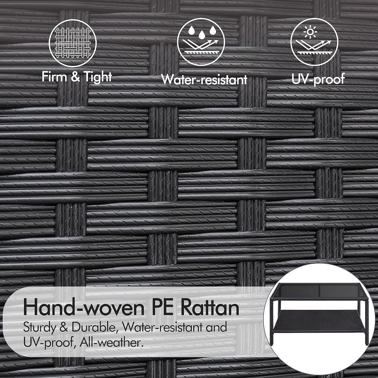 YUONAO Outdoor Wicker Coffee Side Table, All-Weather Rattan Patio Storage Furniture with Tempered Glass Top for Garden, Black