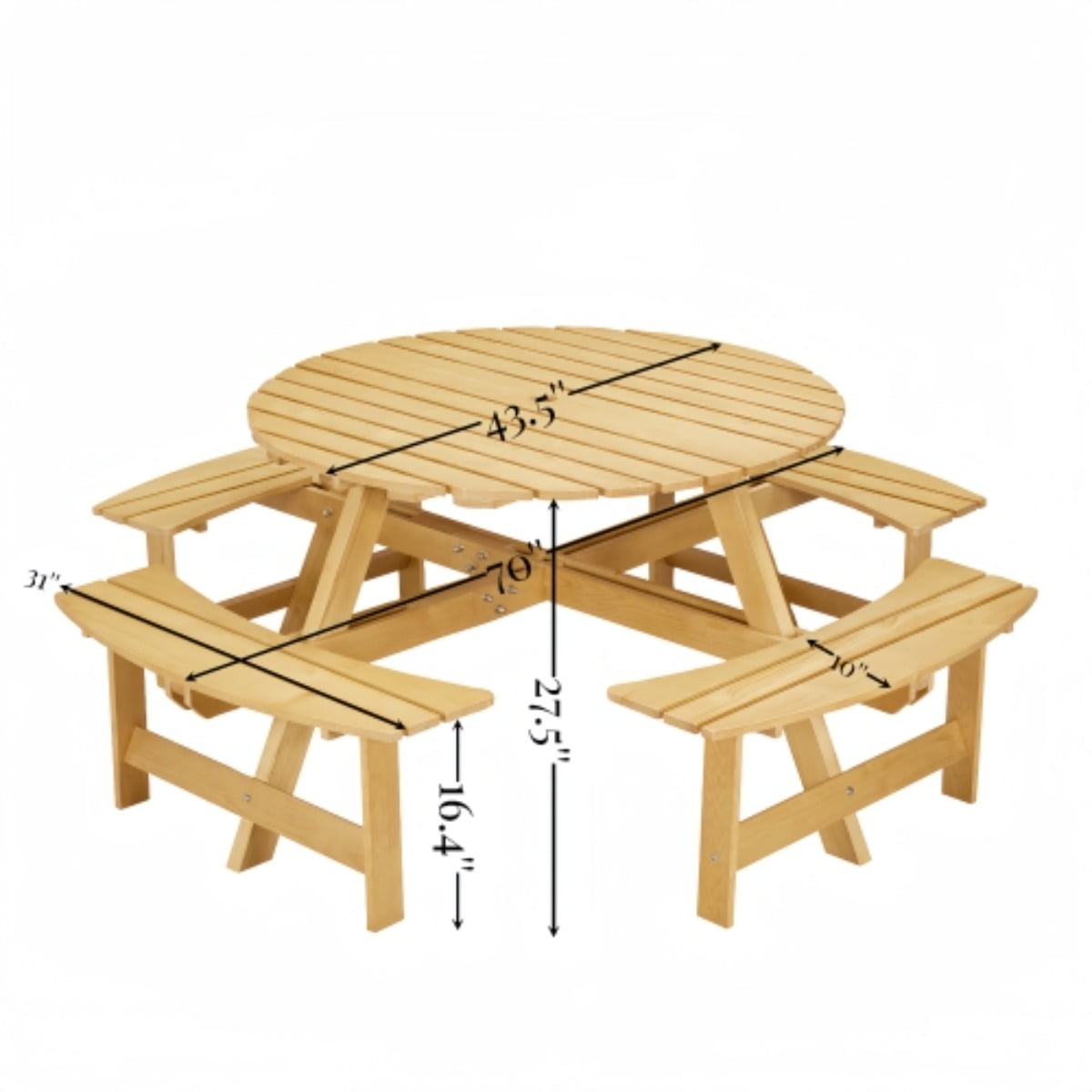8-Person Round Outdoor Picnic Table with 4 Built-in Benches - Natural Weather Resistant Wood for Garden, Backyard, Patio