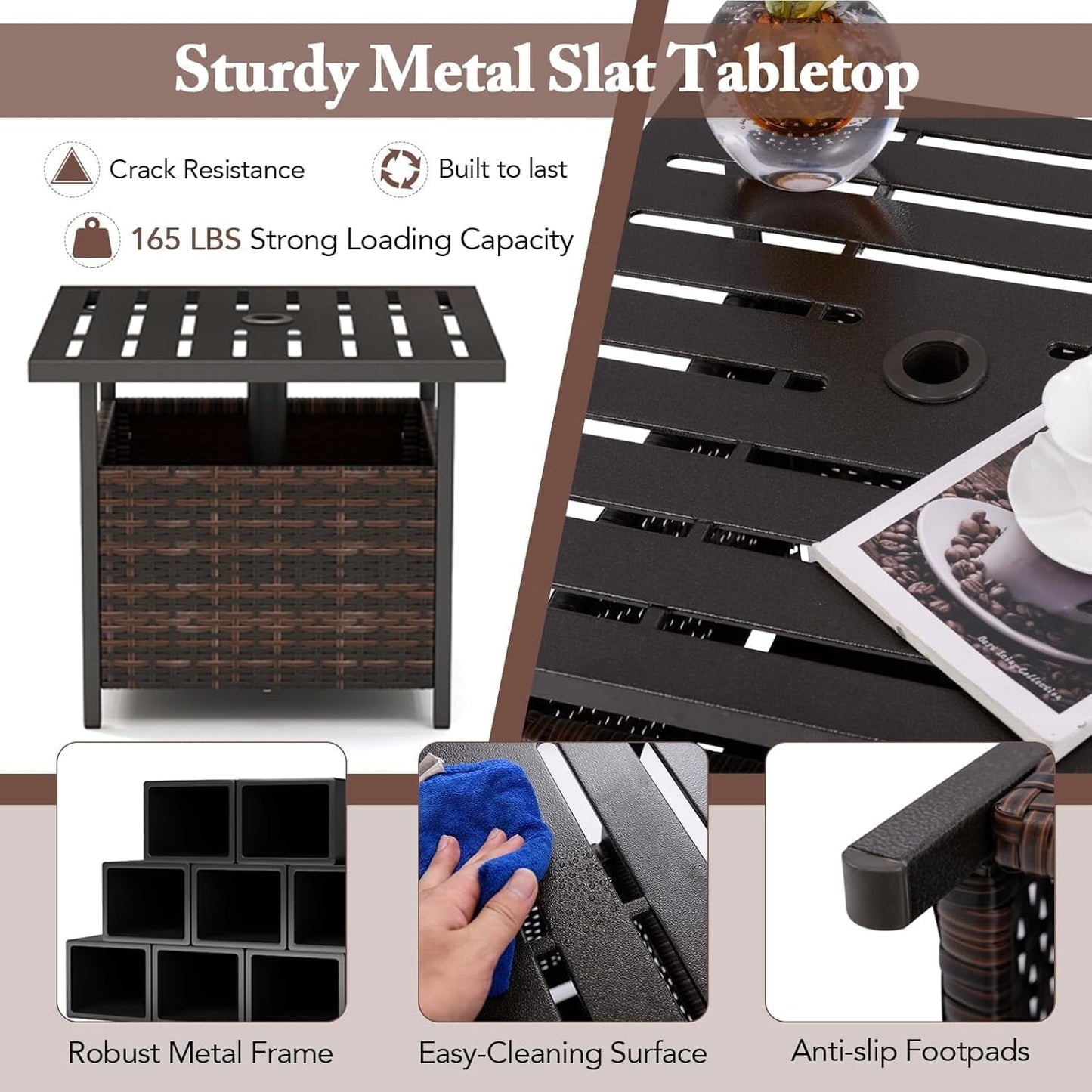 GaoJ Outdoor Side Table with Umbrella Hole, 22" Wicker Umbrella Stand Holder and Base, Weather-Resistant PE Rattan Patio End Table for Deck Garden Poolside (Metal Tabletop, Brown)