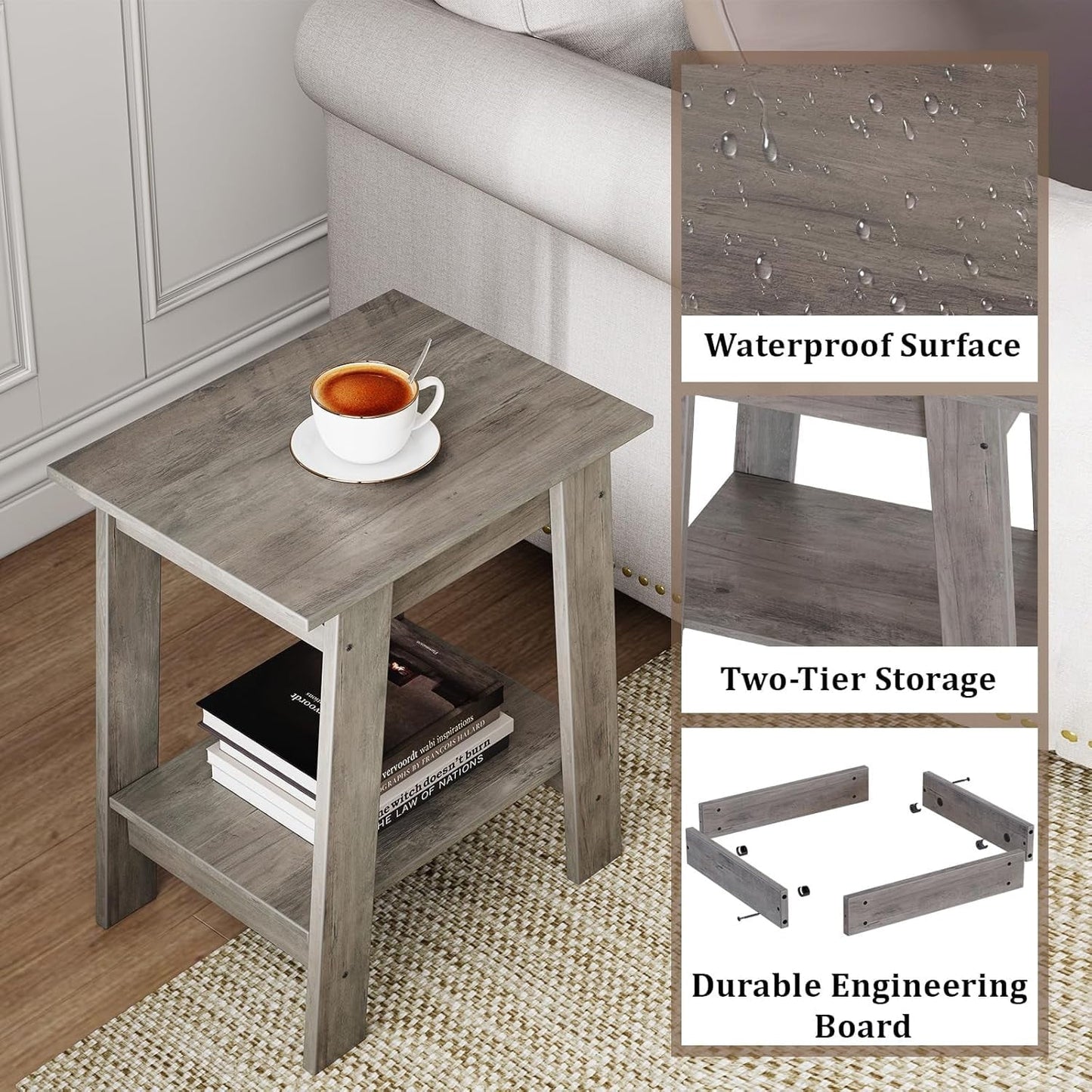 Riedhoff Wooden End Table, Farmhouse 2-Layer Storage Shelves, 15.51 x 11.81 x 18.98", 2 Piece, Gray