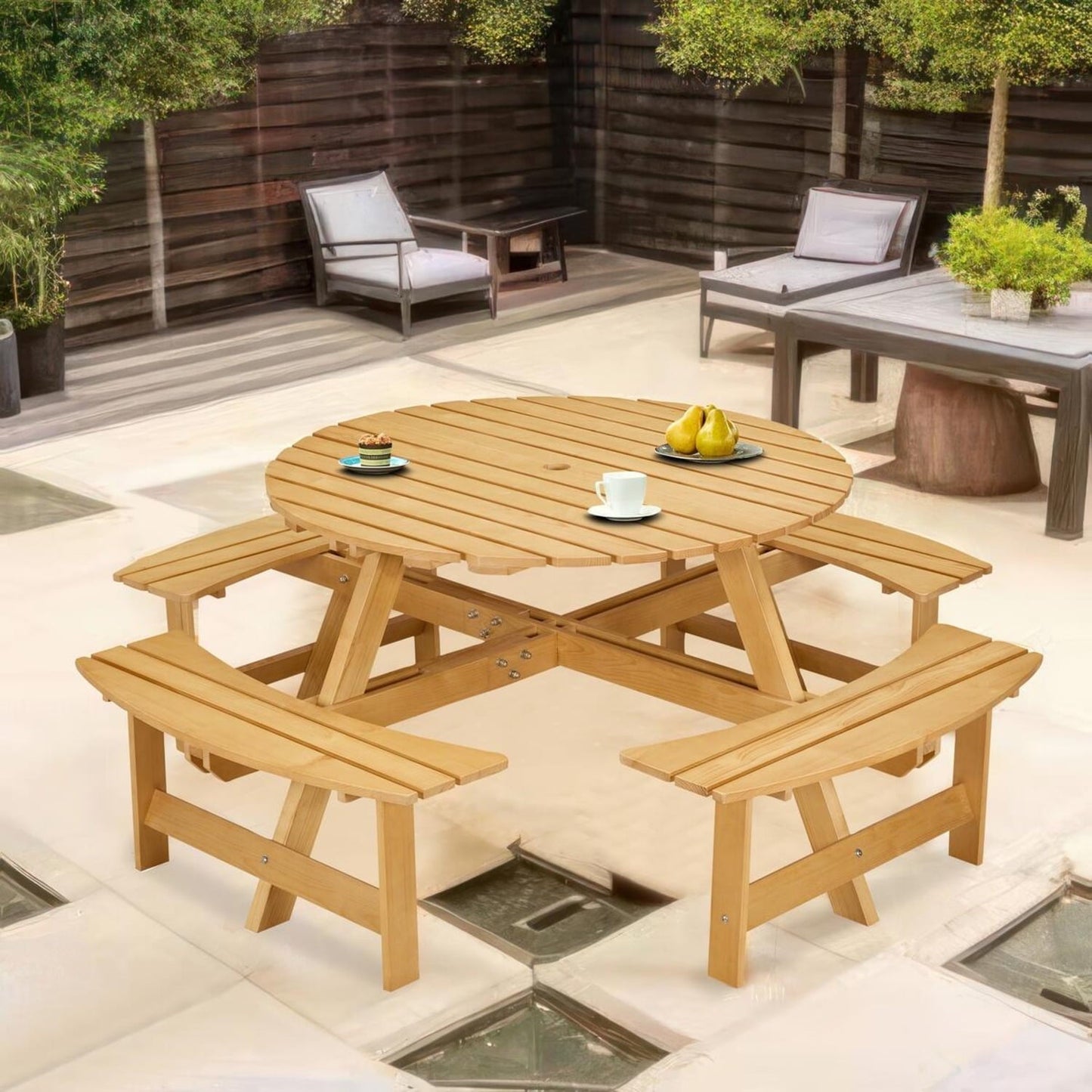 8-person Round Outdoor Picnic Table With 4 Benches & Umbrella Hole, Natural Pine
