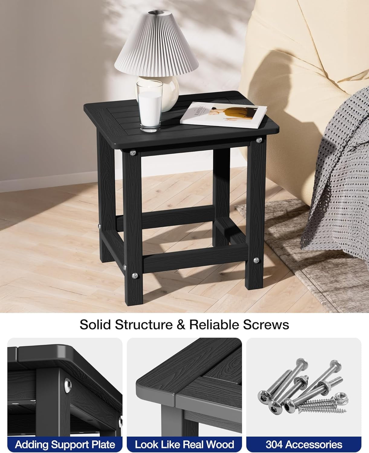WINSOON Small Outside Adirondack Square Side Table,Single Layer - Black