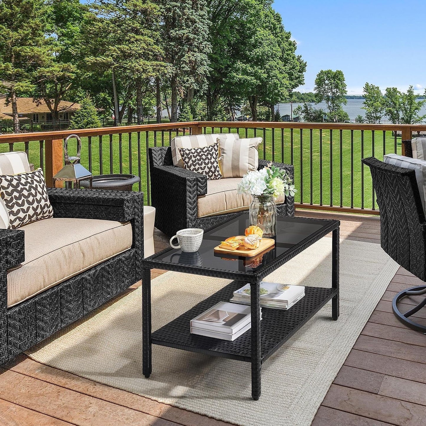 YUONAO Outdoor Wicker Coffee Side Table, All-Weather Rattan Patio Storage Furniture with Tempered Glass Top for Garden, Black