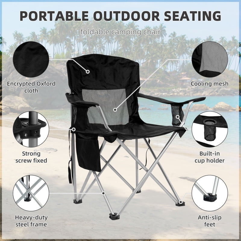 Gianna Foldable Camping Chairs, Outdoor Chair Camping Recliner with Support Mesh Backrest, Camping Recliner Lawn Chair with Cup Holder, Storage Pocket, Carrying Bag, Black