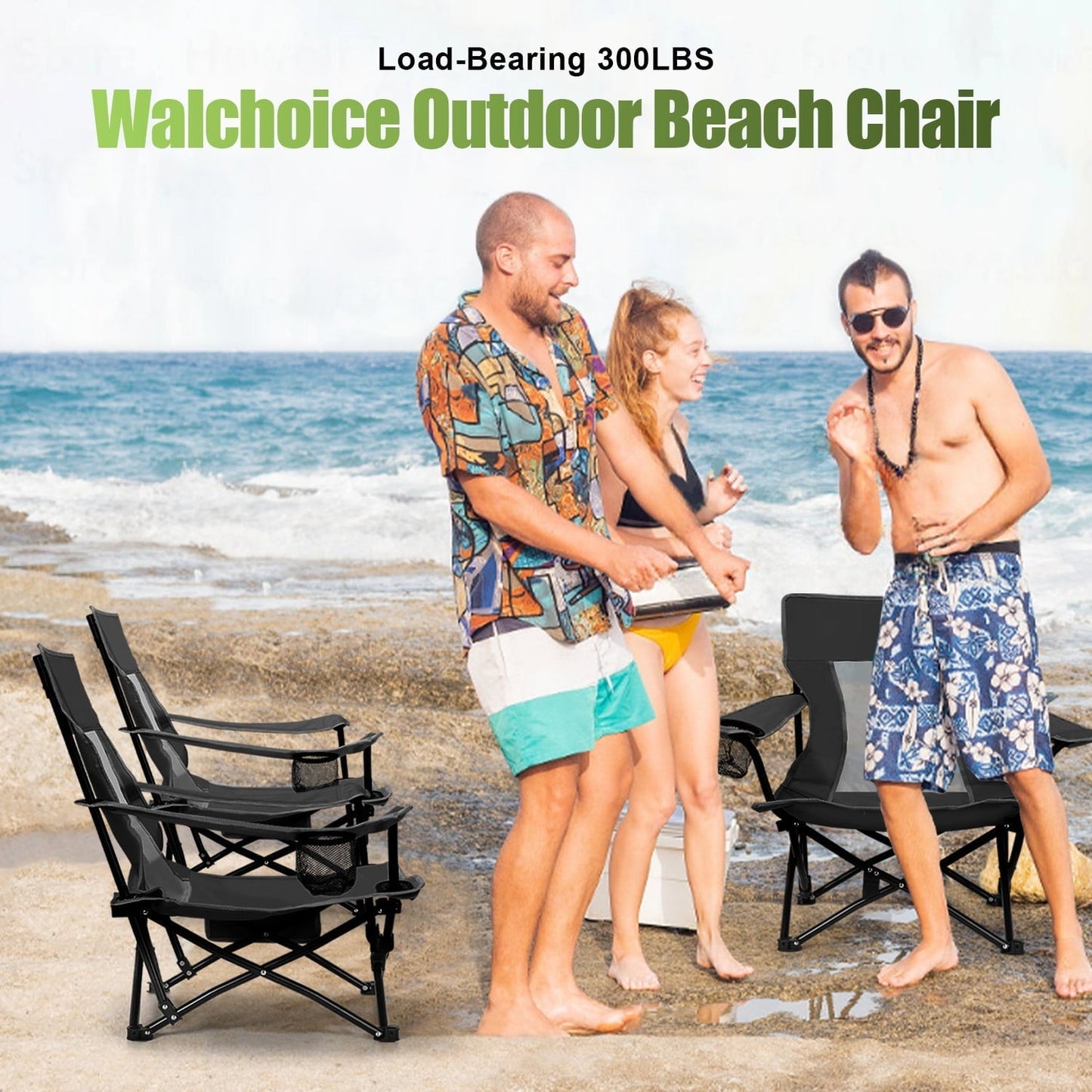 Hasteel Folding Beach Chair for Adults, Low Seat Camping Chair with High Back, Wide Seat Chair with Cup Holder & Carry Bag, Heavy Duty Portable Chair for Outdoor Picnic Travel - Black