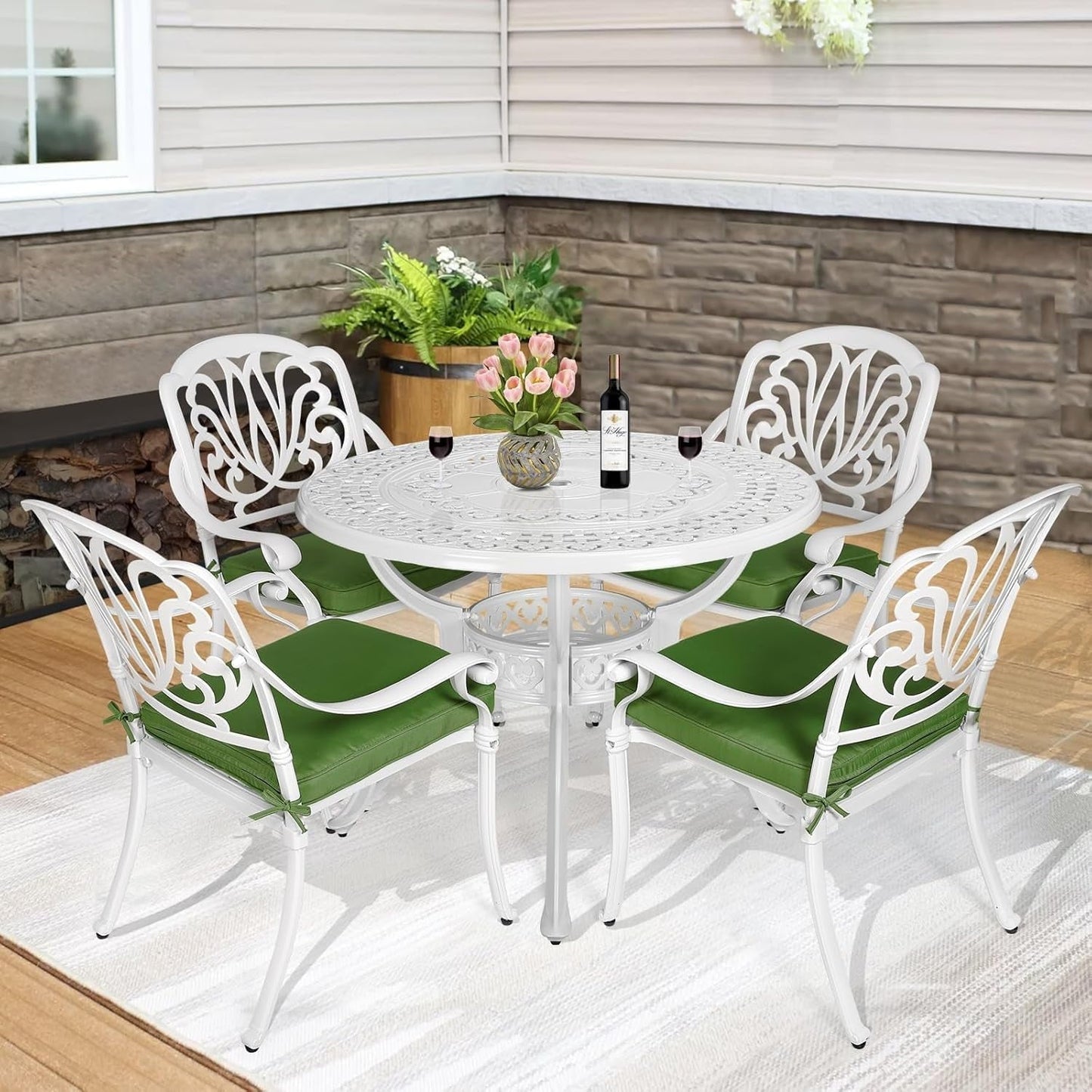 MEETWARM 38.5" Round Patio Dinning Table, Outdoor Cast Aluminum Dinning Table with 2" Umbrella Hole, White