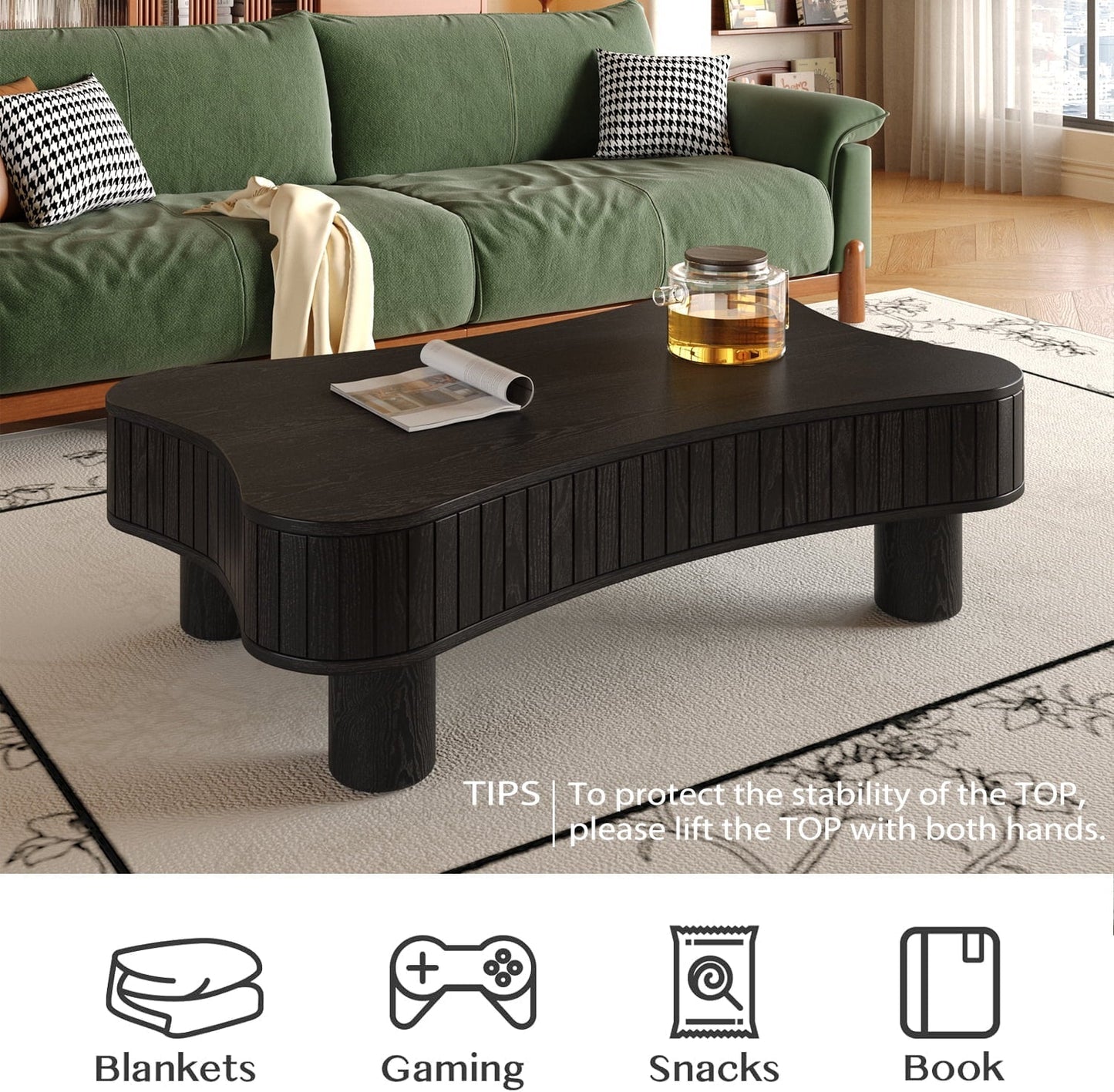 Lift Top Coffee Table for Living Room 42" - Fluted Panel Hidden Storage, Silent Hydraulic Lift, Curved Safety Corners, 5 Min Assembly (27"W X 13-18.9"H, Black)
