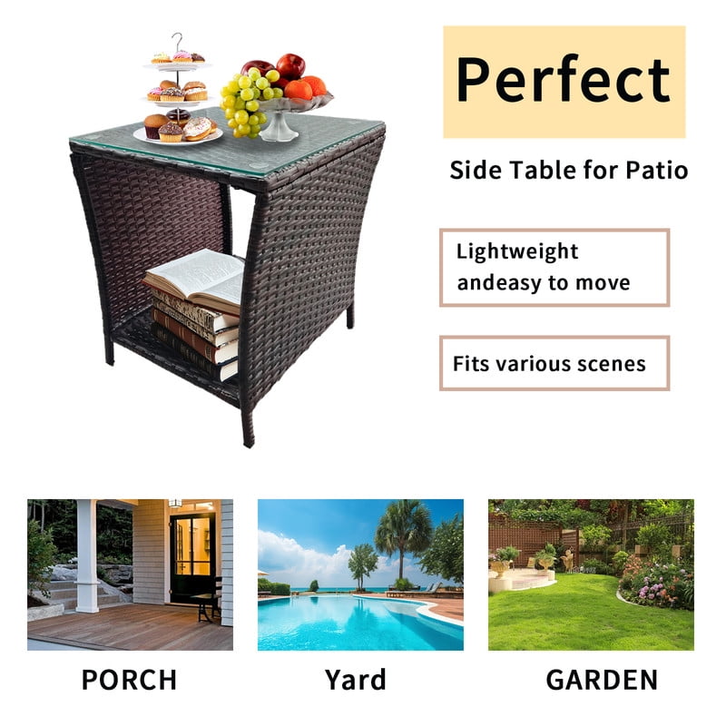 Outdoor Wicker Side Table, Rattan Coffee Tables - Square End Table with Tempered Glass Top and Storage for Patio Porch Lawn (Brown)
