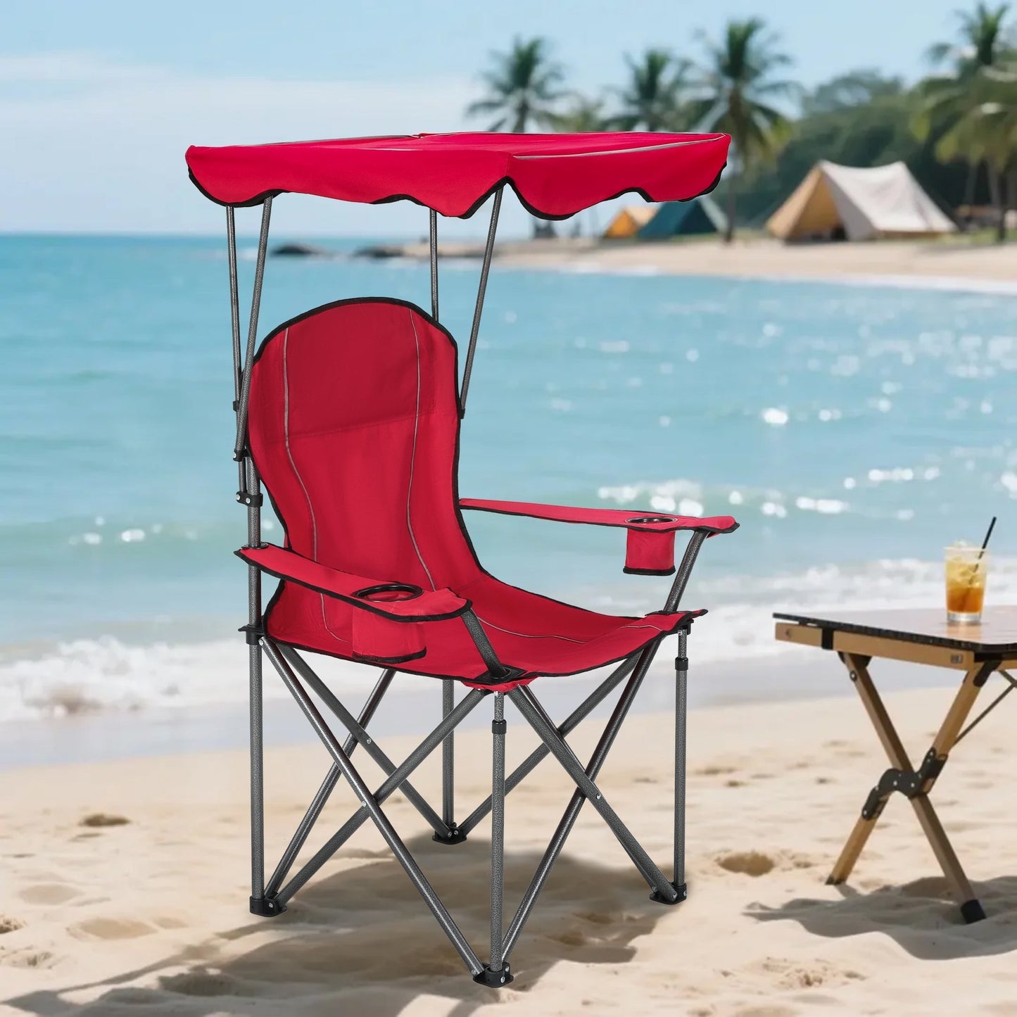 Sophia & William Foldable Canopy Chair Portable Camping Lounge Chair Outdoor Sunshade Canopy Chair with Cup Holder, Red